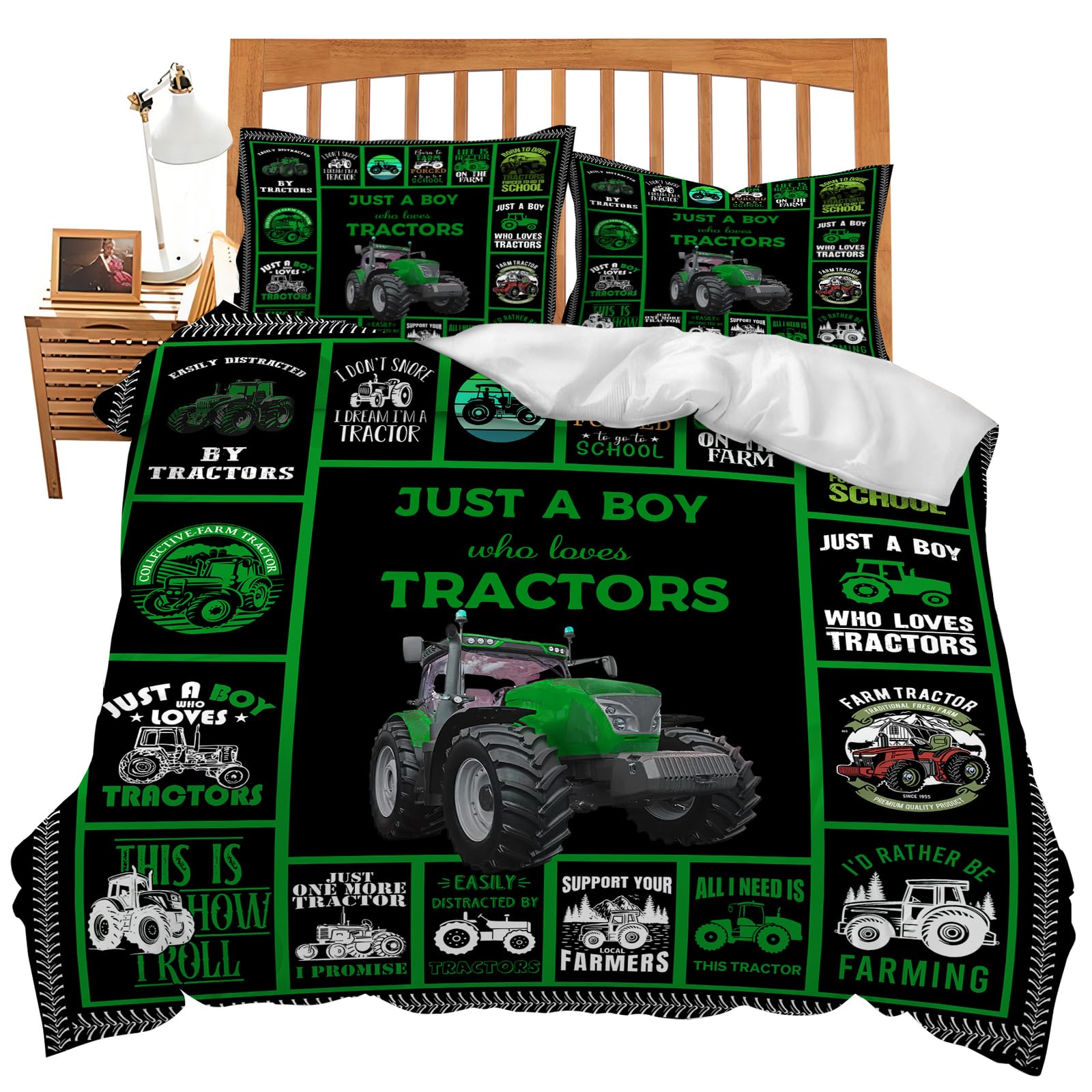 Tractor Bedding Set Just a Boy Who Loves Tractors Theme Comforter Set Covers for Kids Boys Teens Green Tractors Duvet Cover Bedroom Decor Soft Full Size Quilt Cover with 2 Pillowcases