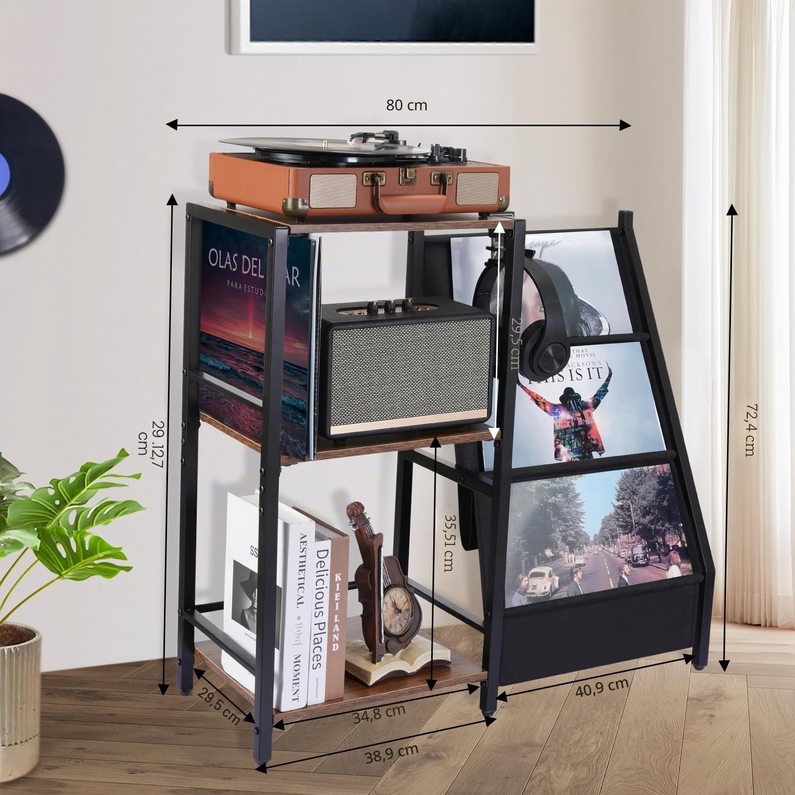 Plattenständer mit Aufbewahrung Schallplattenständer mit 3-stufiger Vinyl Schallplatten Lagerung Schallplatten Aufbewahrung bis zu 200 Alben, Plattenregal für Musikzimmer und Wohnzimmer