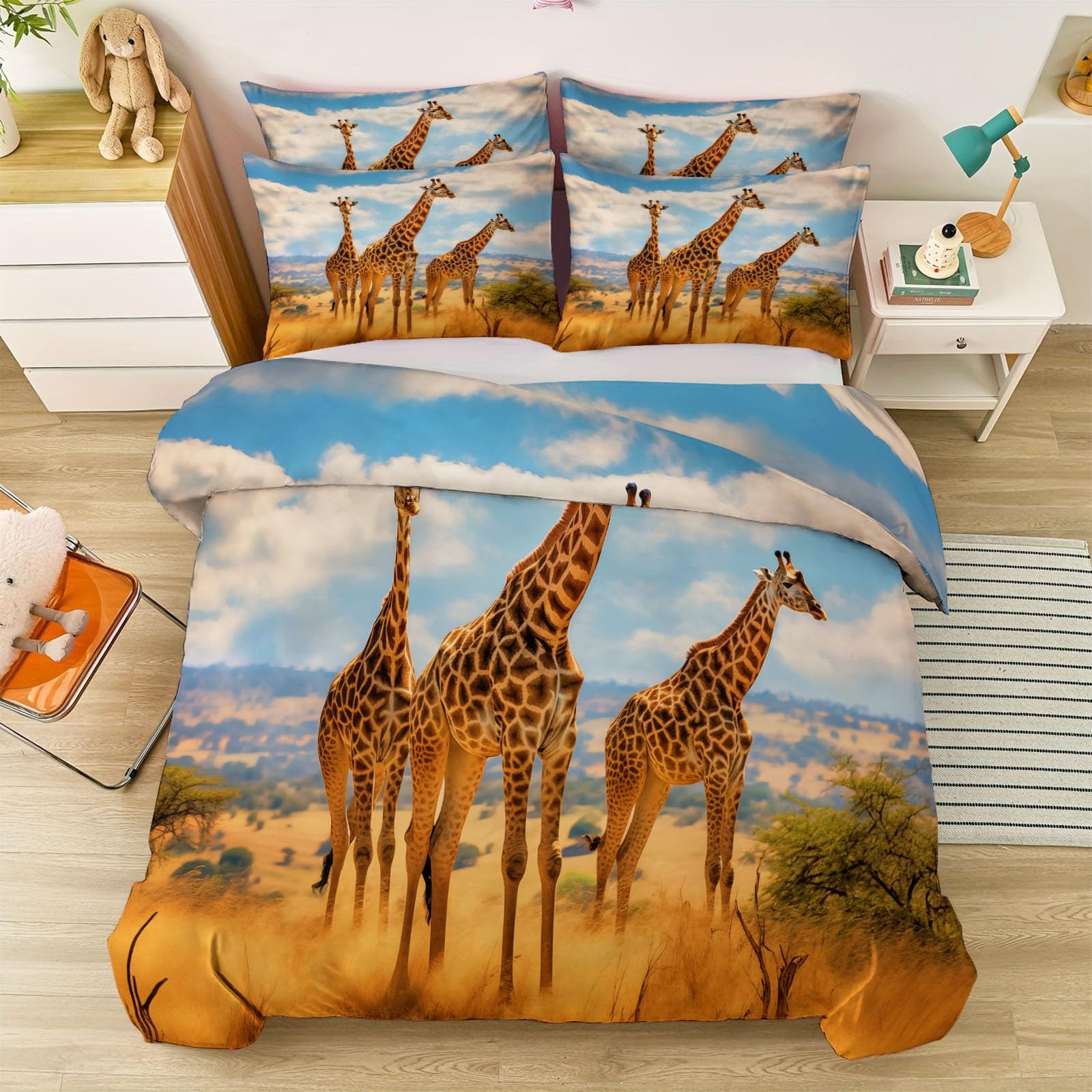 Generisch Wende Bettwäsche Set 155 x 220 cm, Weiche Mikrofaser Wildtiere Grasland Bettbezug Set, 3-teilige Bettwäsche mit Reißverschluss und Vier Eckleisten, Pflegeleicht Bügelfrei, Blau