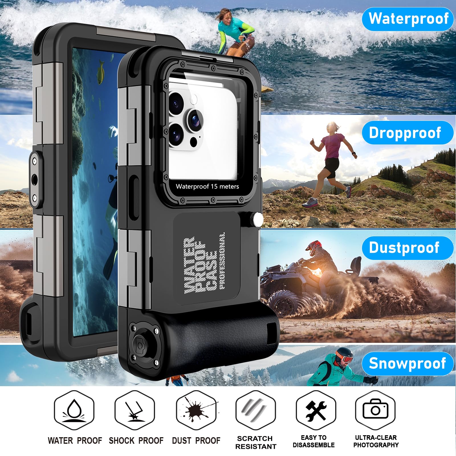 Custodia impermeabile per telefono subacquea, 2025 professionale per immersioni subacquee, nuoto, snorkeling, surf, custodia per foto e video subacquei, per iPhone 16 Pro Max/16 Pro, ecc