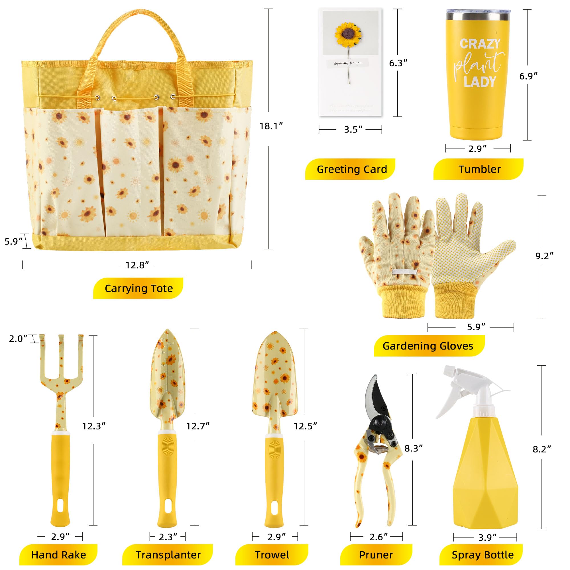 Sunflower Gardening Gifts for Women, Garden Tool Set, Heavy Duty Gardening Hand Tools with Garden Tool Bag,Yellow
