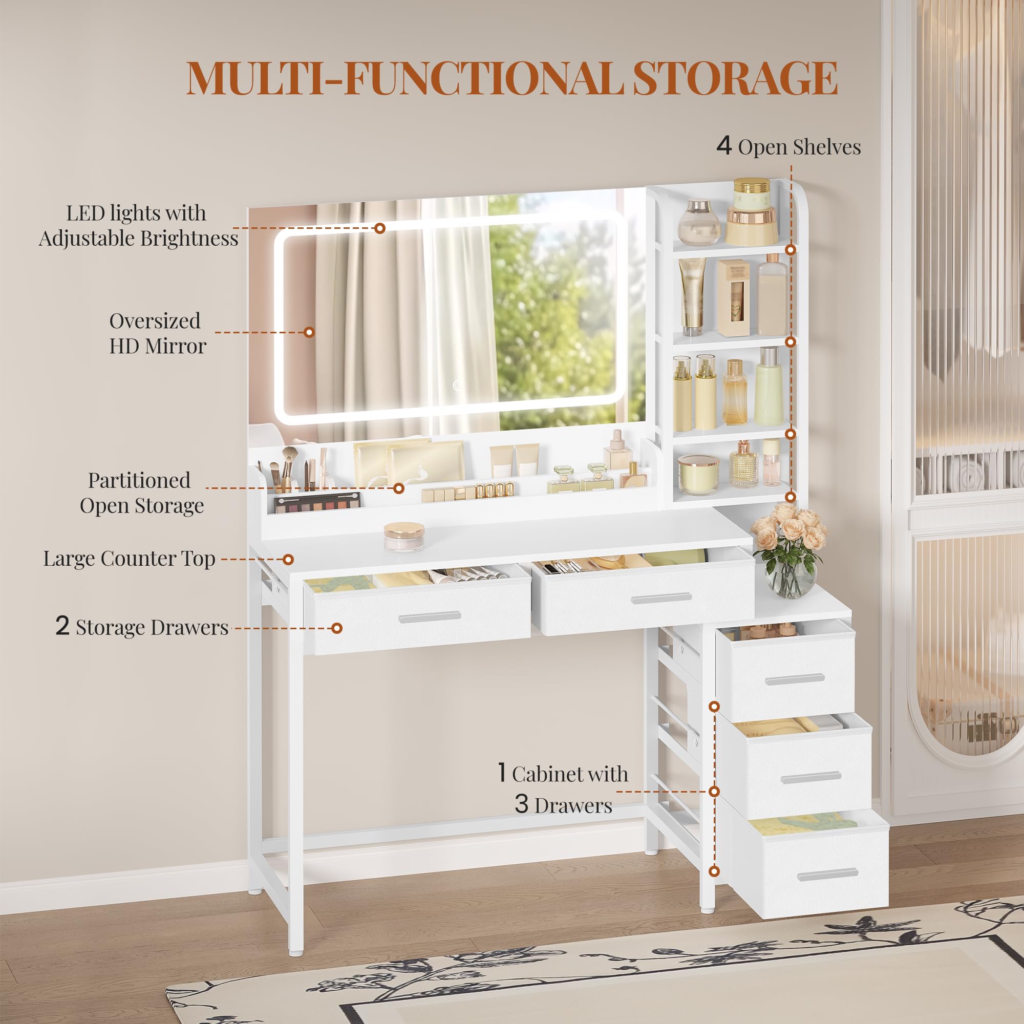 HEXCELEN 110 cm Coiffeuse avec Miroir, Blanc | Table de Maquillage avec Éclairage LED, Luminosité Réglable, 3 Couleurs, 5 Tiroirs et 5 Compartiments Ouverts