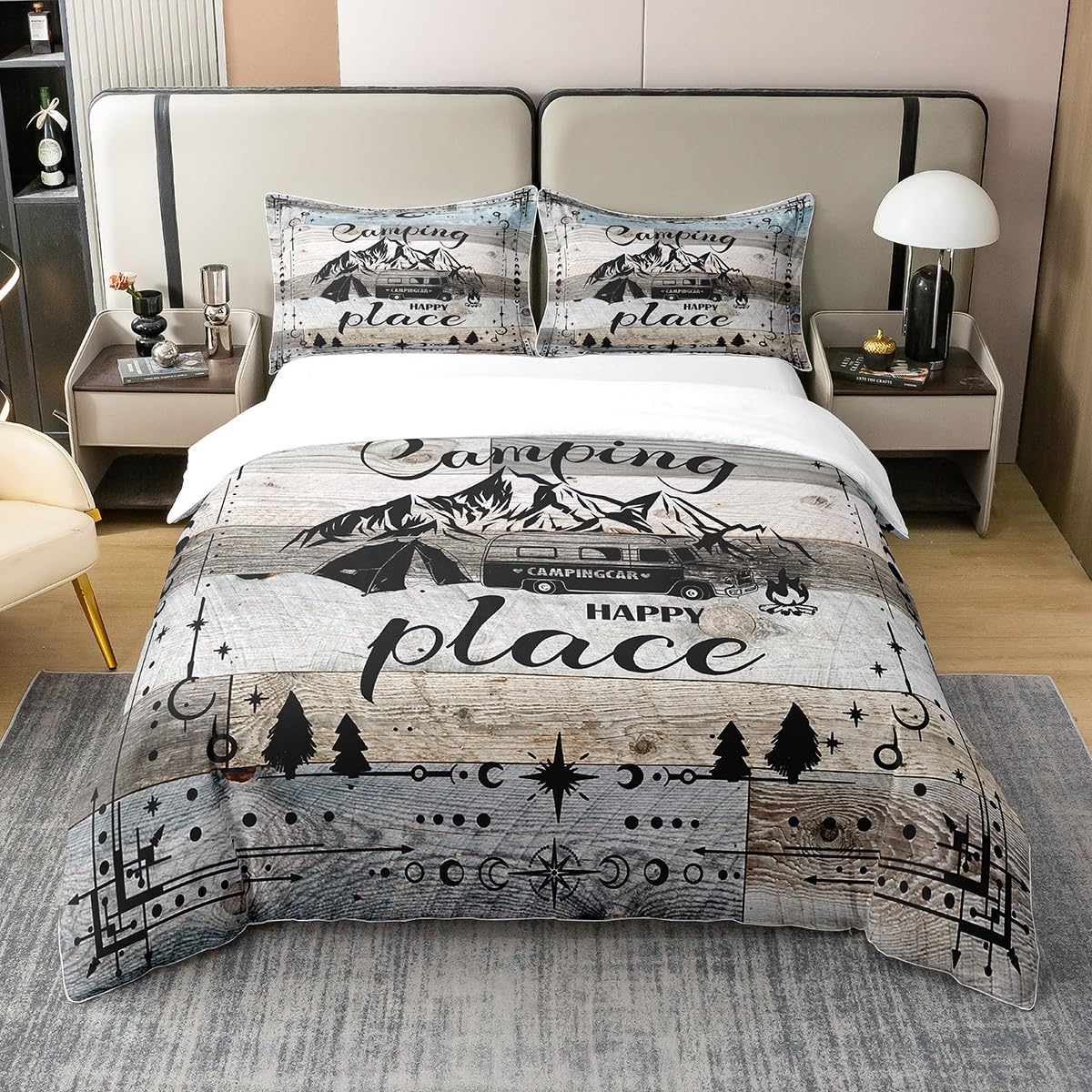 Homewish Housse de Couette 240 x 260 Coton Joyeux Camping, Parure de Lit Adulte Bois D'Époque, Couvre Lit 2 Personnes Véhicules de Loisirs, Linge de Lit et Oreillers pour Camping-Car de Voyage