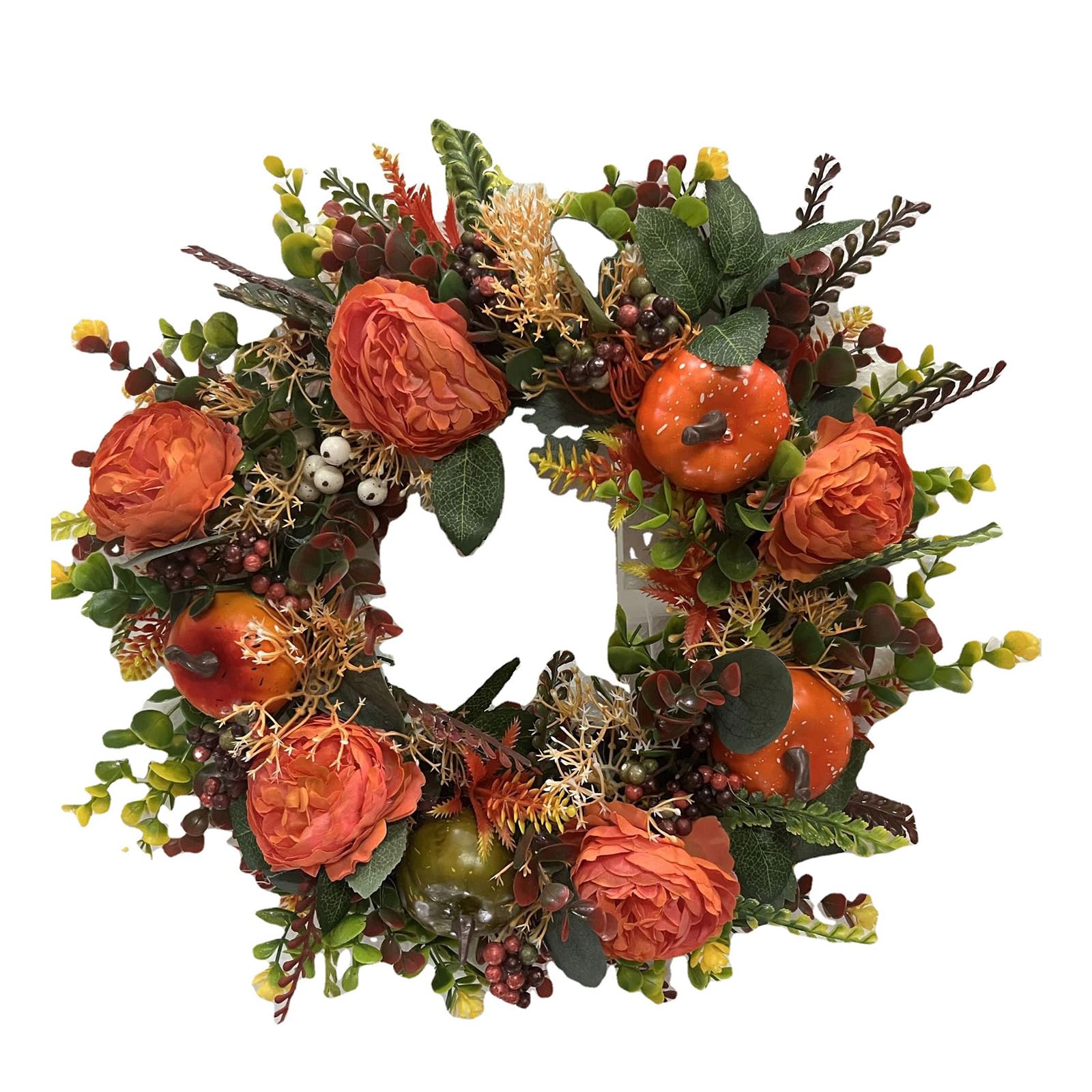 KAQNTUD Easy to install plastic door wreath with pumpkins, peonies and safe design for Christmas, Halloween, Thanksgiving, years of round house wreath
