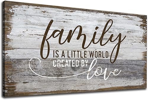 Family Is a Little World Created by Love - Lienzo decorativo para pared, letras rústicas, retro, casa de campo, tablero de madera, lienzo,