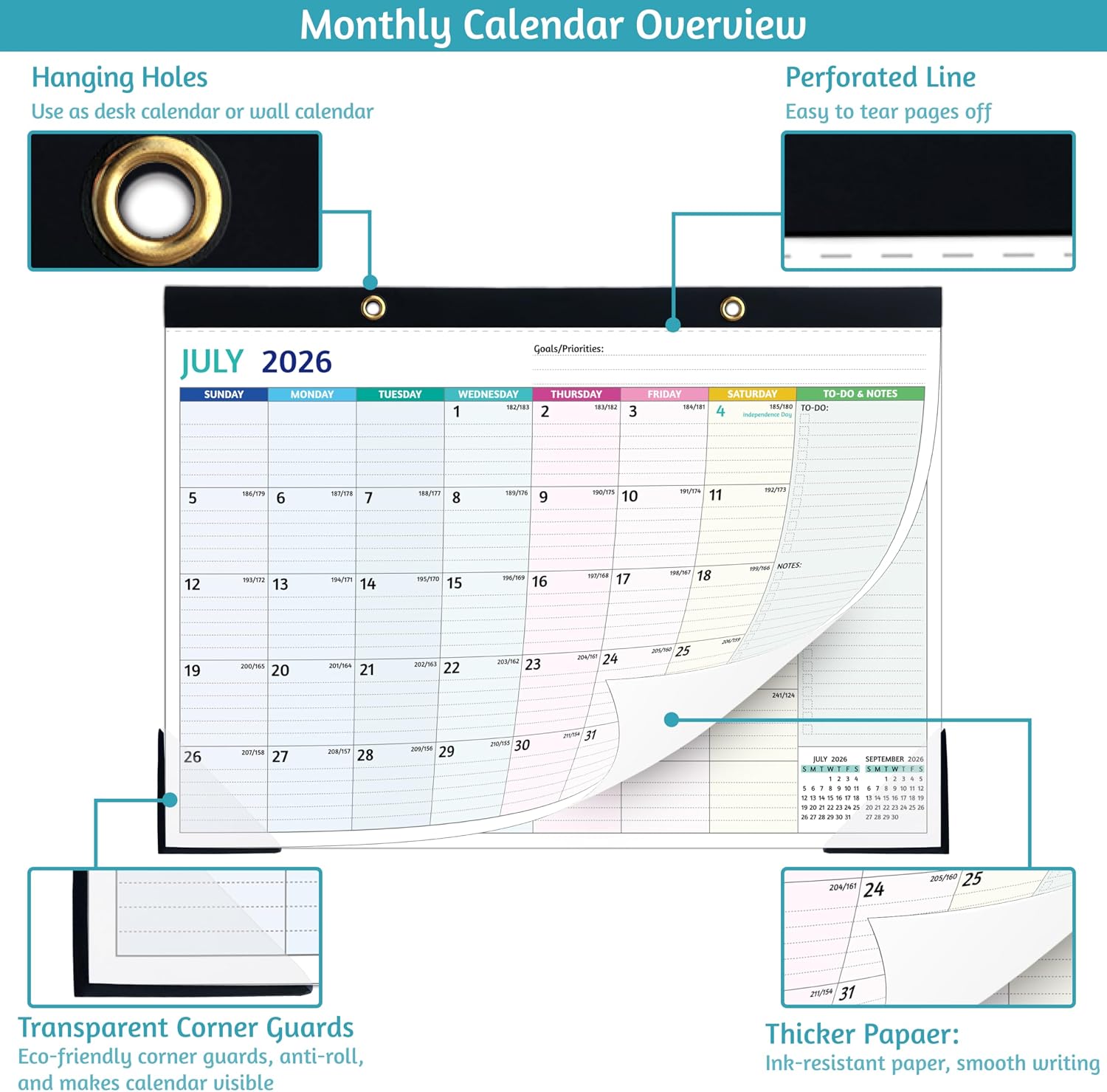 Desk Calendar 2026-2027 – JUL 2026 - DEC 2027, 18 Monthly Desk Calendar, Large Desk Calendar 2027, 17’’ x 12’’, 2026-2027 Desk/Wall Calendar with To-do Lists, Desk Pad, Ruled Blocks, Corner Protectors