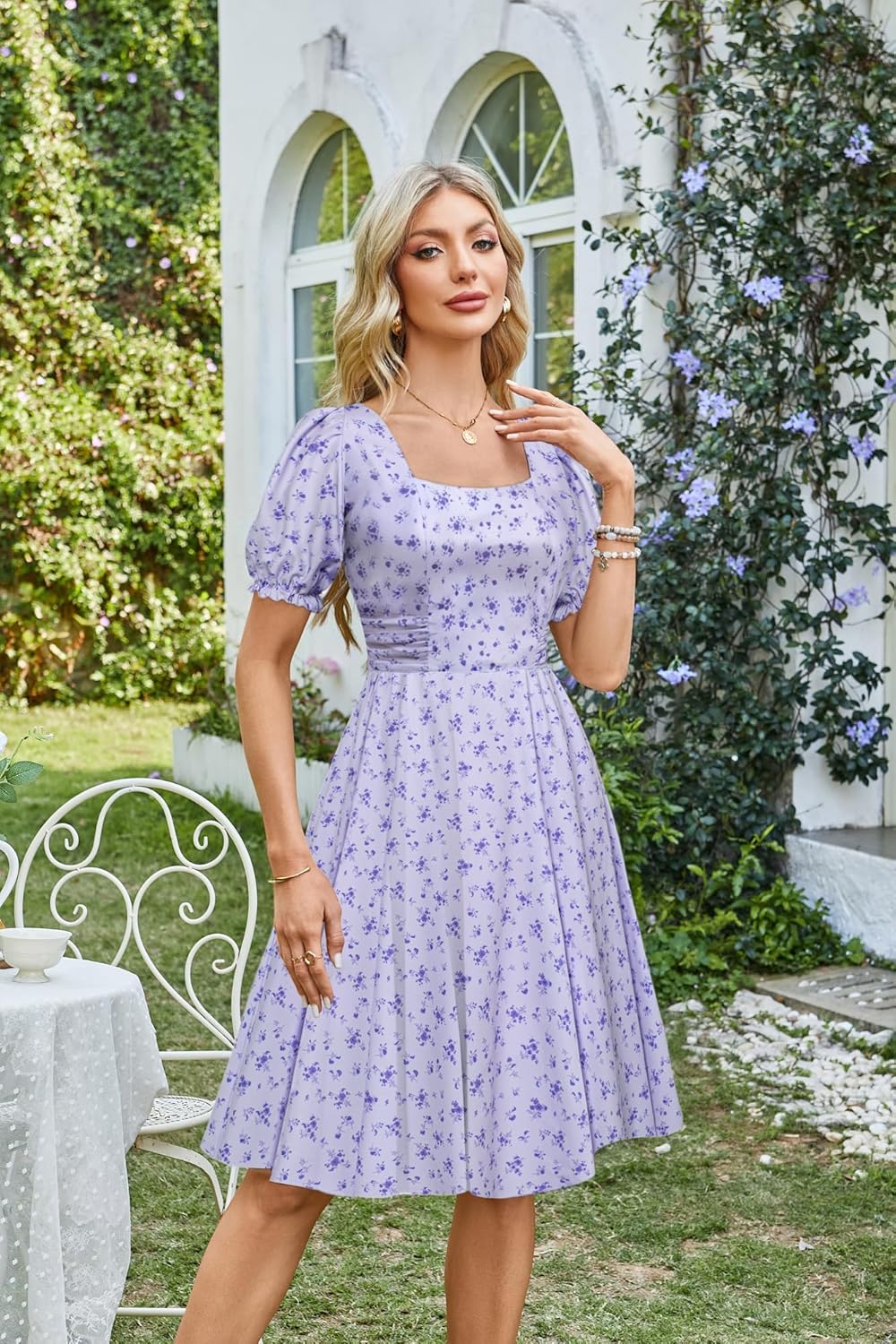 Belle Poque Lavender Floral Dresses for Women 1950s Vintage Dress Garden Party Cocktail Dresses Summer Casual M - Image 3