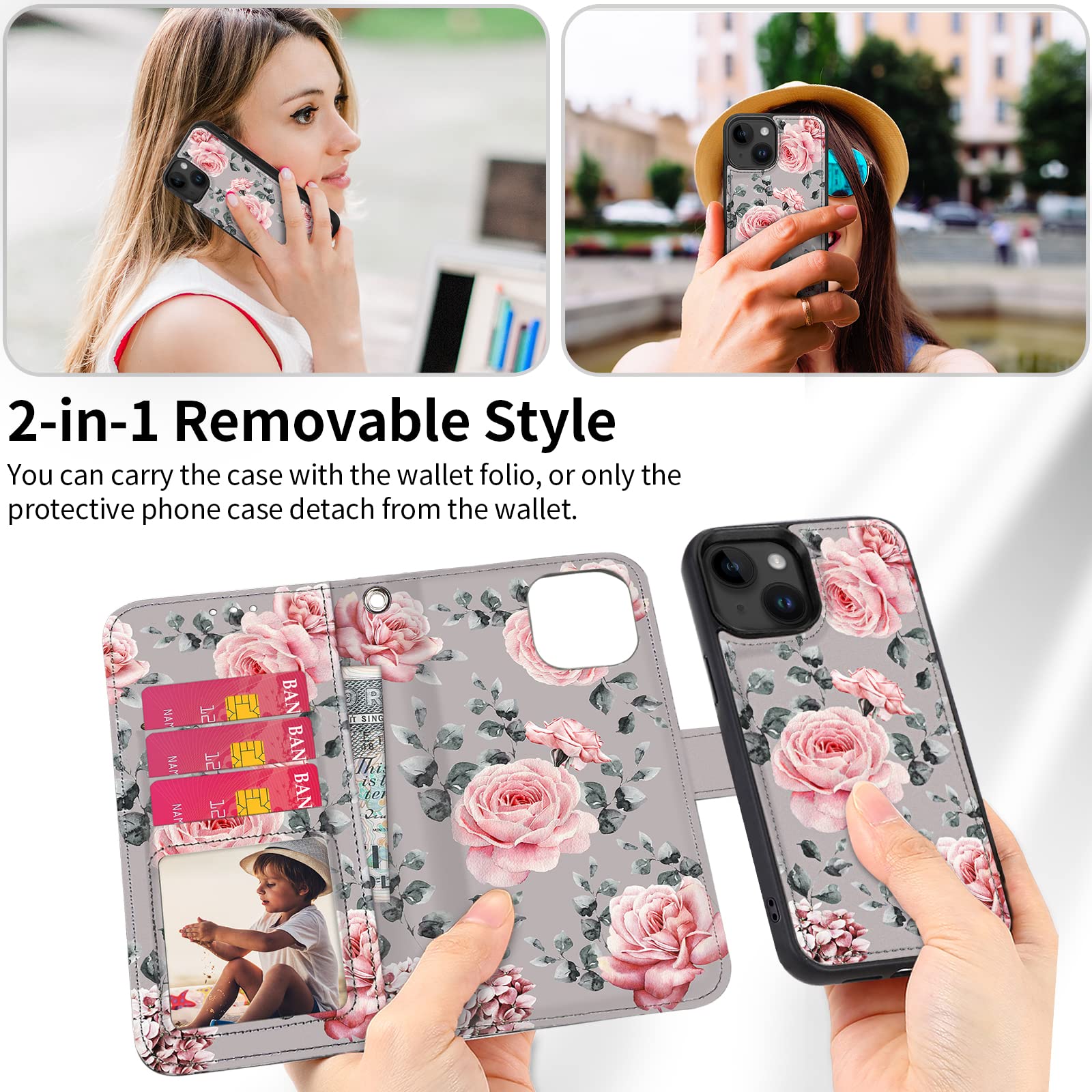 HOGGU Compatible with iPhone 14 Case Wallet [Support Magsafe Charger] Magnetic Detachable Floral Flip PU Leather Wallet Case with Card Holder RFID Blocking, Wallet Case for Women Girls-Gray