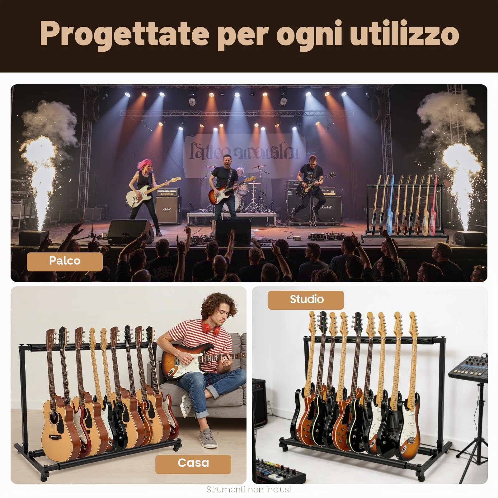 Supporto per chitarra acustica a 9 scomparti, in legno, per chitarra elettrica, supporto per cinque chitarre