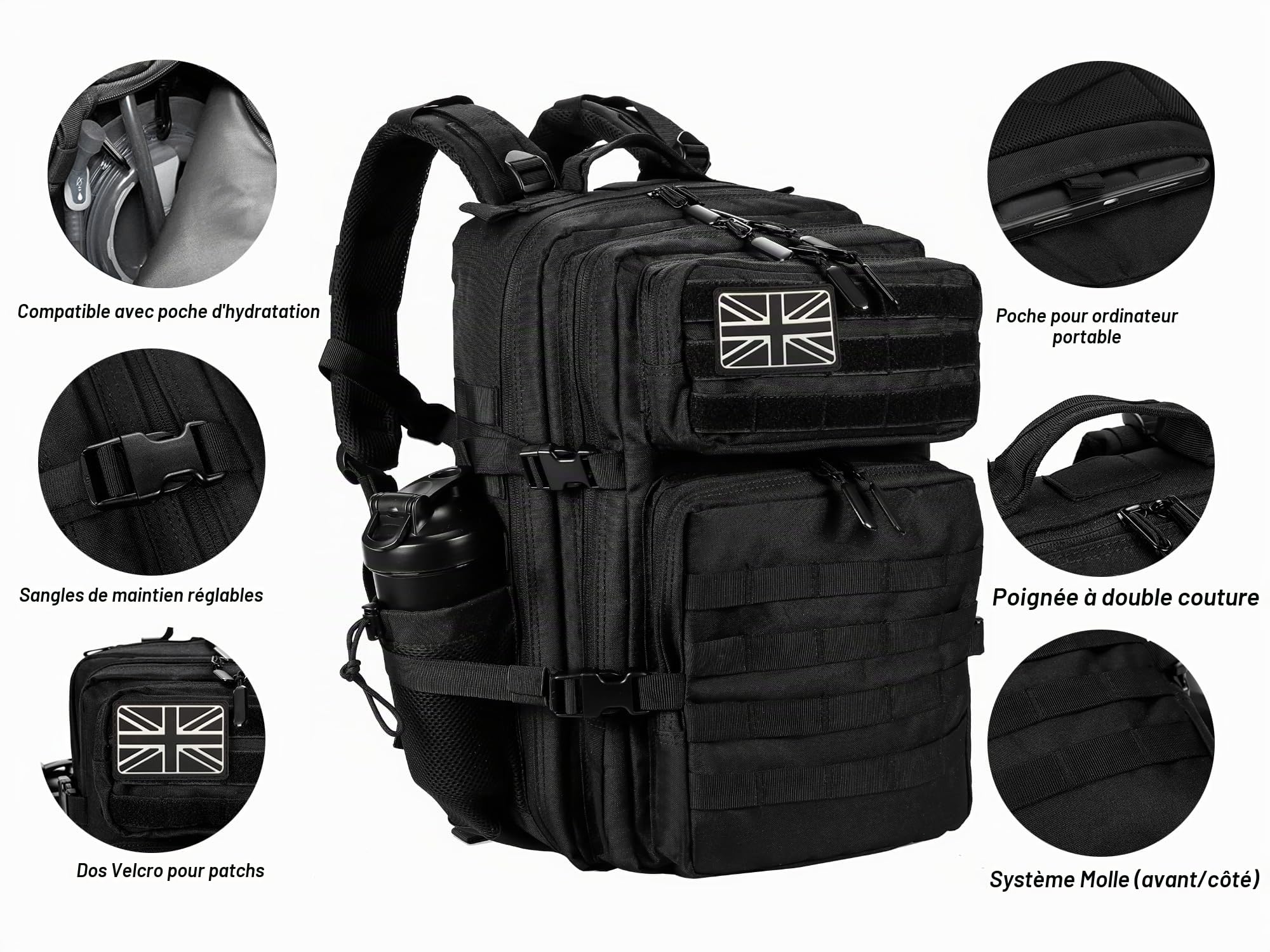 LHI Sac à dos tactique militaire pour homme et femme 45 l Grand sac à dos imperméable pour l'école, la randonnée, le trekking, la chasse
