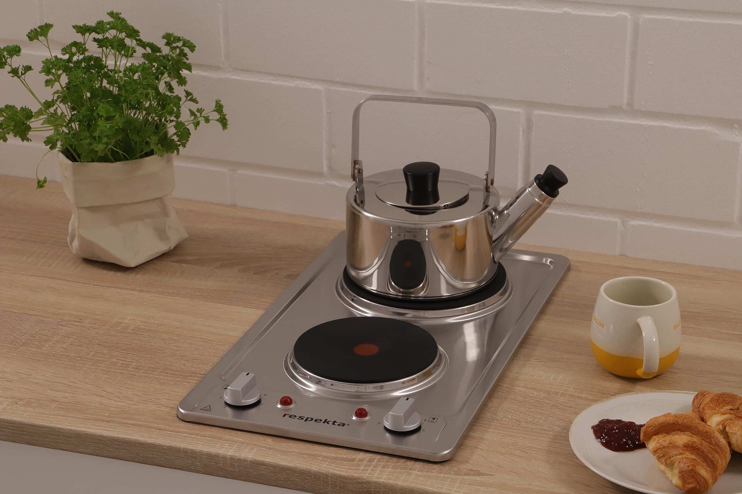 Respekta Domino Piano Cottura Elettrico In Acciaio Inox, Piastra Elettrica da Incasso A 2 Piastre Con Spina, Fornello Elettrico, 6 Livelli, Manopole, Pronto All'uso, 29 cm, km 9111EN