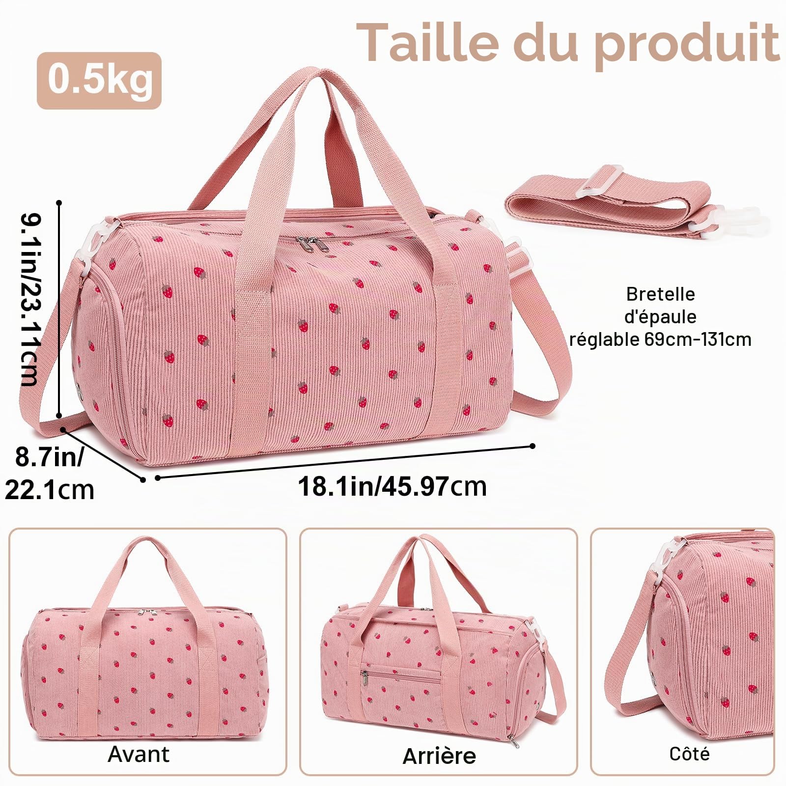 Sac de sport LEDAOU enfant compartiment chaussures humide velours côtelé rose fraise 46x22x23 cm