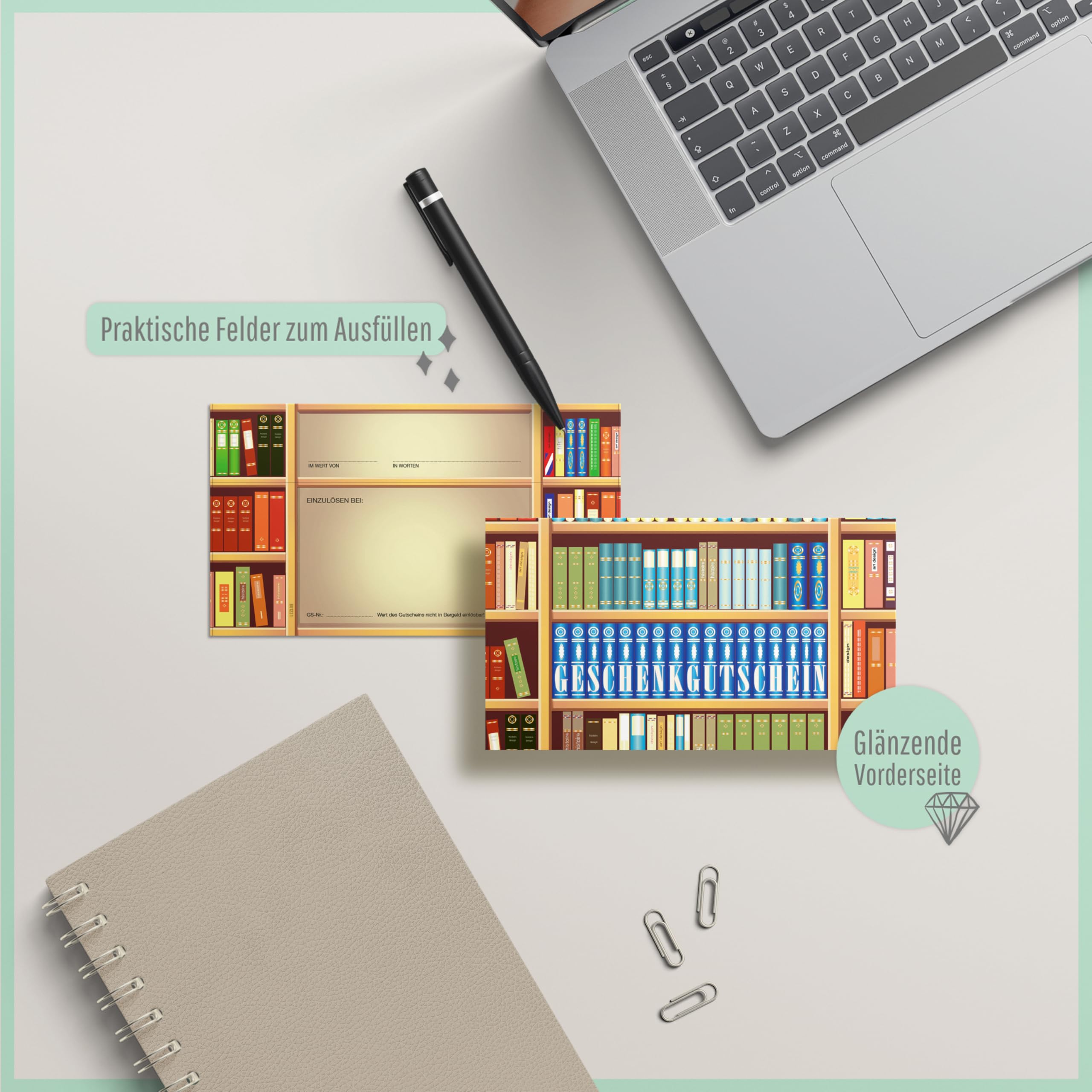 Gutschein-Set. 50x Gutschein + Kuvert + Schleife. Für Buch Buchhandel. Buchgutschein, blanko zum selber Ausfüllen.