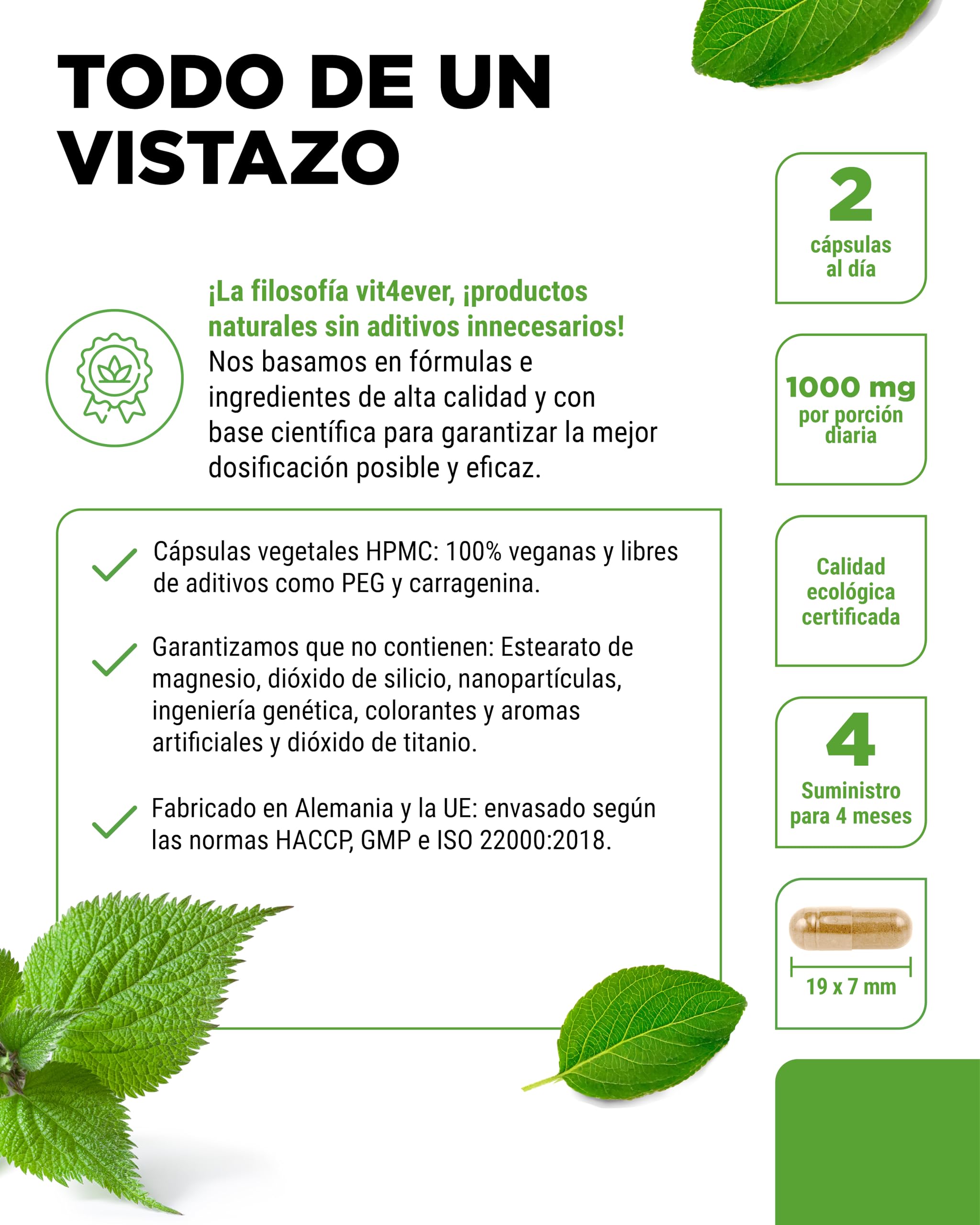Ortiga orgánica - 240 cápsulas - Altamente dosificado con 1000mg por porción diaria - Extracto de ortiga 10:1 en calidad orgánica certificada - Vegano