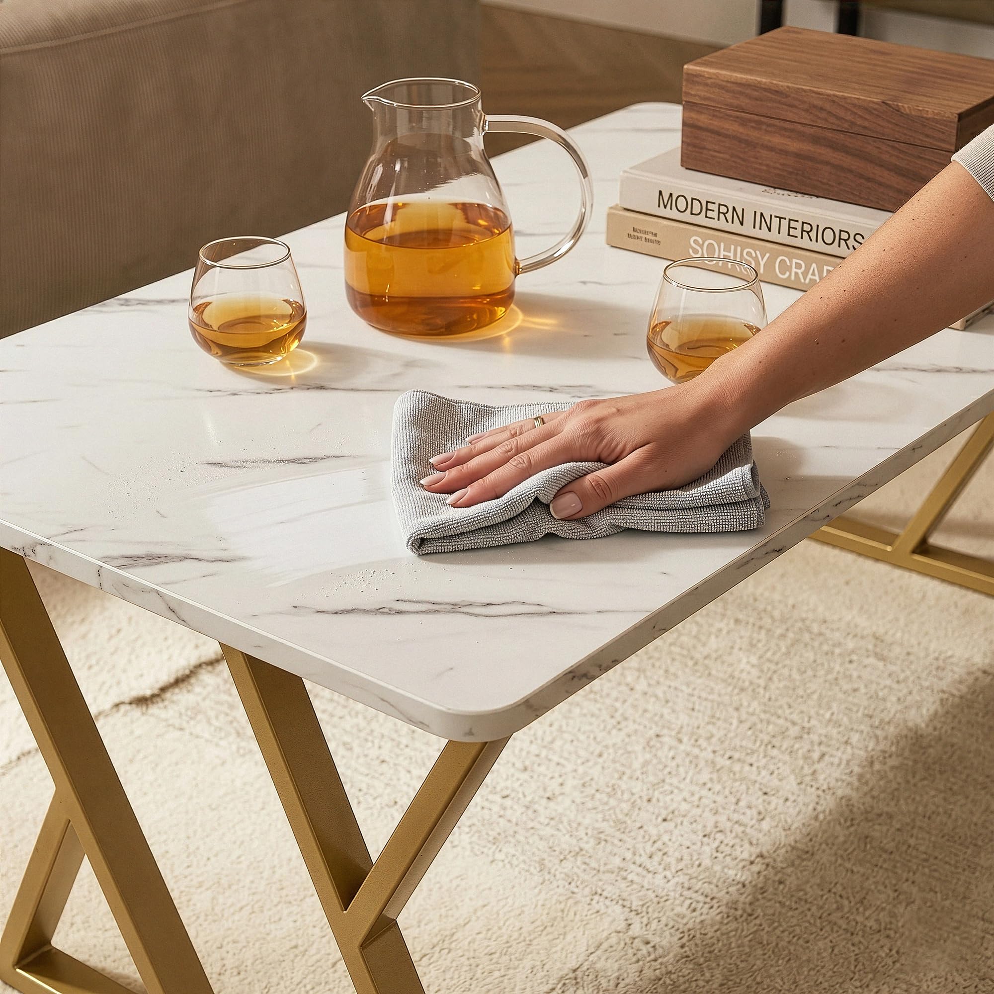 [en.casa] Couchtisch Nolu 120x60x46 cm rechteckig Gold/Marmoroptik, weiß | Beistelltisch, Wohnzimmertisch, Metallgestell, Sofatisch, Kaffeetisch