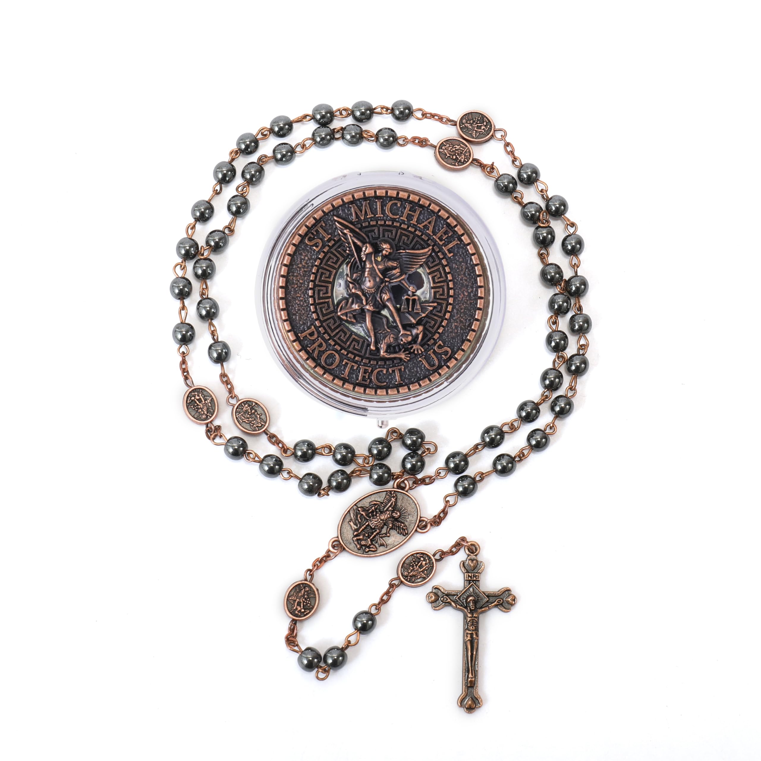 Nazareth Store Rosario in Ematite Collana Con Perline in Pietra Nera Proiezione Medaglia DI Preghiera Del Padre Nostro Con Centrotavola E Crocifisso DI San Michele