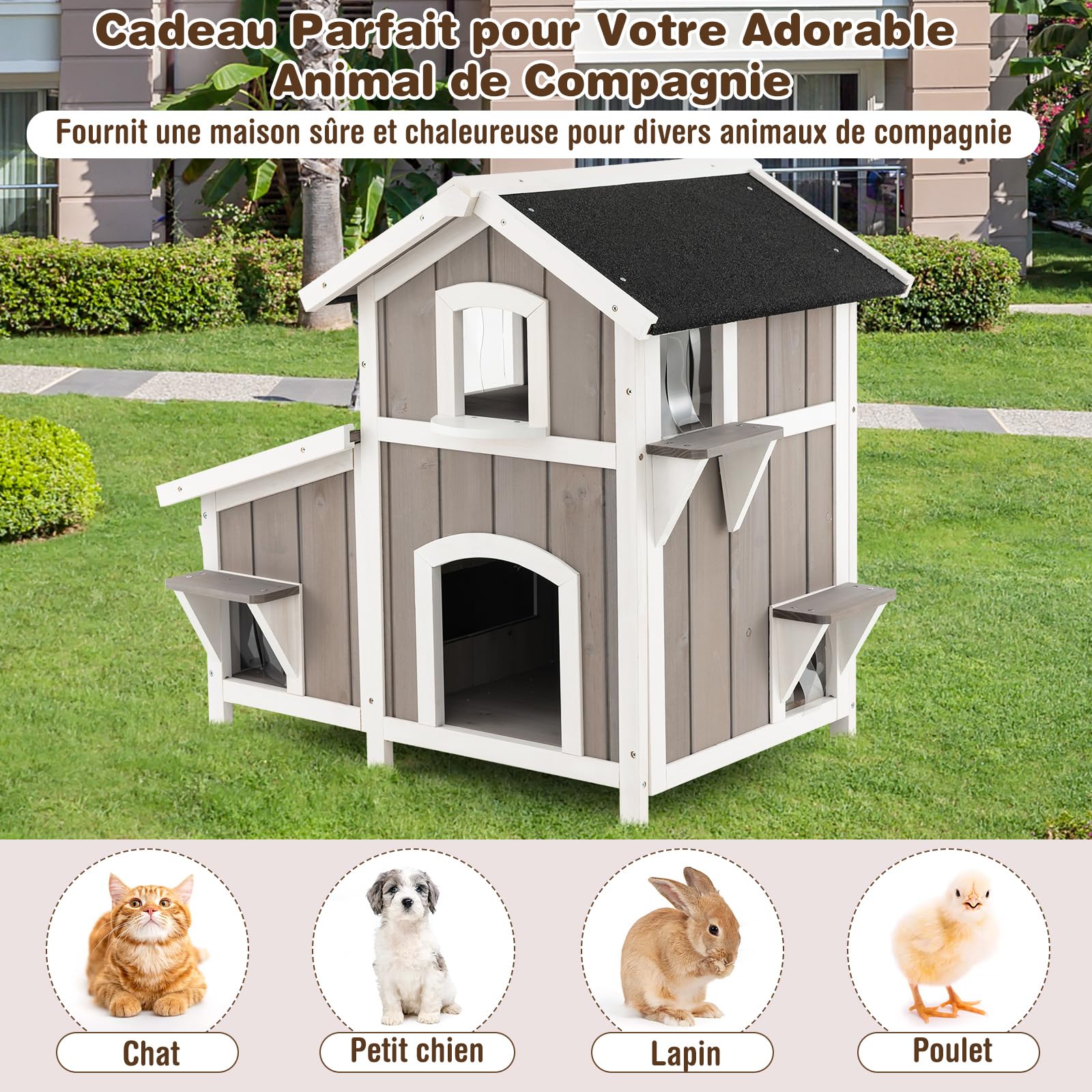COSTWAY Niche pour Chat en Bois 2 Étage, 3 Compartiments avec Toit en Asphalte, Rideaux PVC, 6 Portes - Maison Exterieur/Interieur pour Lapin Chiot - 100 x 64 x 82,5 cm