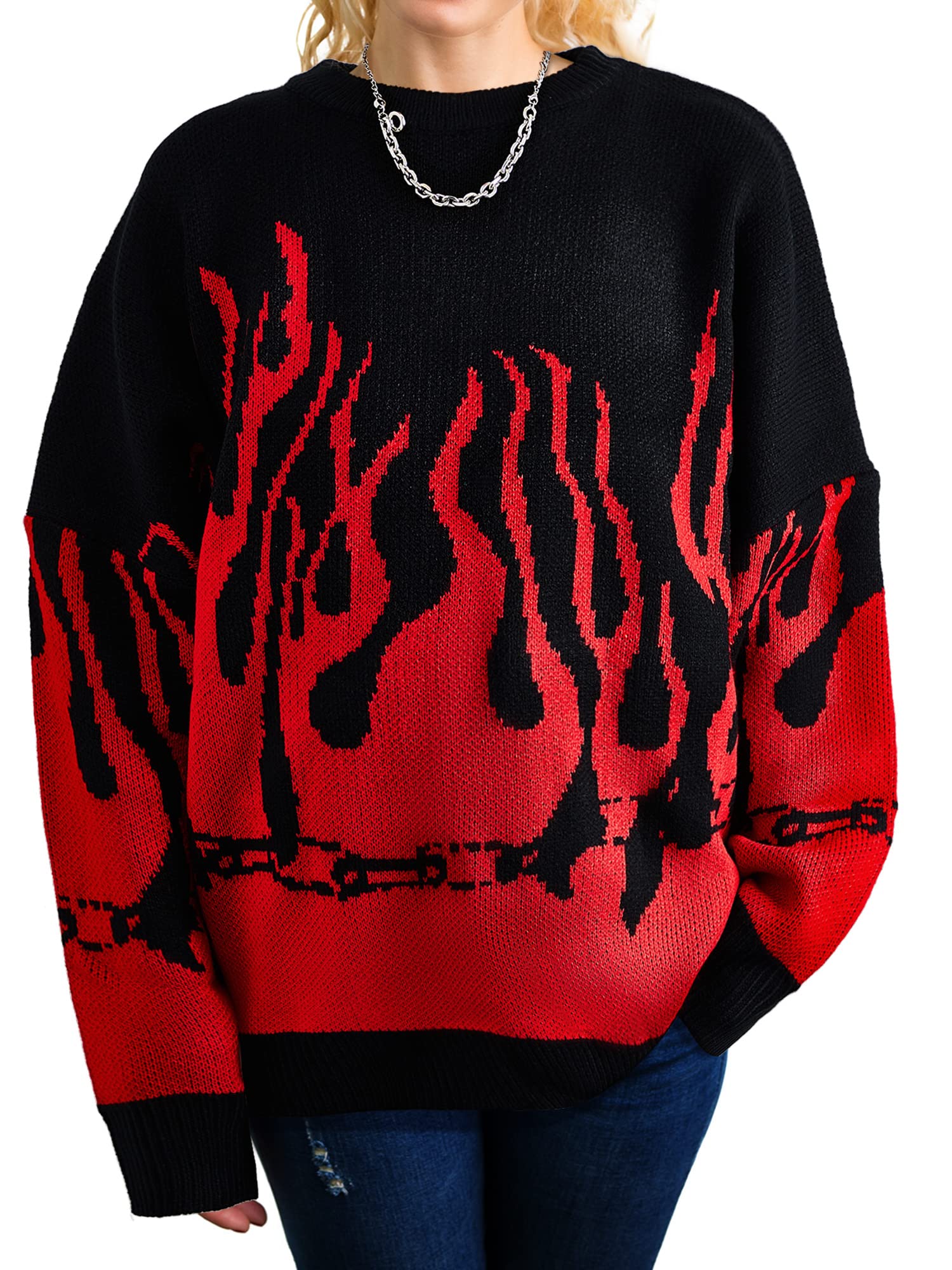 SATINIOR Women Long Sleeve Flame Bat Sleeve Jumper Oversized Casual  Knitting Sweater Flame Pullover Bat Sleeve (Black and Red) at Amazon  Women's Clothing store