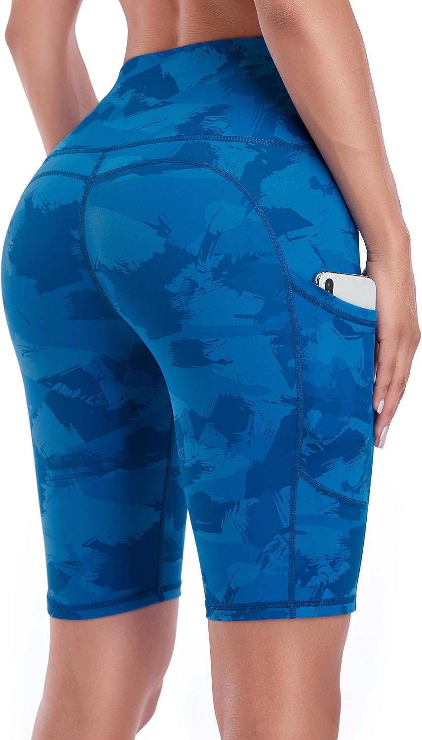 Oalka Women's Short Yoga Side Pockets High Waist Workout Running Shorts Shorts Camo Blue Splinter
