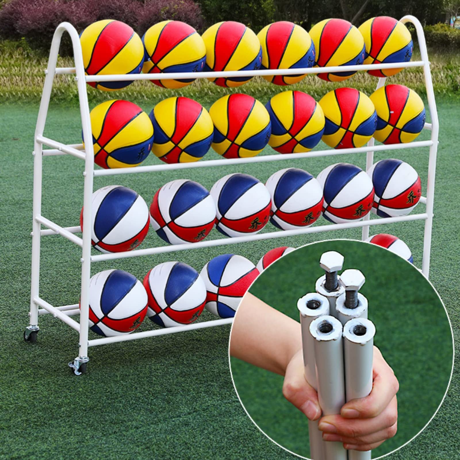 FAXIOAWA Dubbelzijdige 4-laags basketbalopslagrekken Stand, Indoor Outdoor Vertical Rolling Sports Ball Storage Cart op vergrendelbare wielen, capaciteit Meer Dan 35 ballen (kleur: Wit, maat: M)