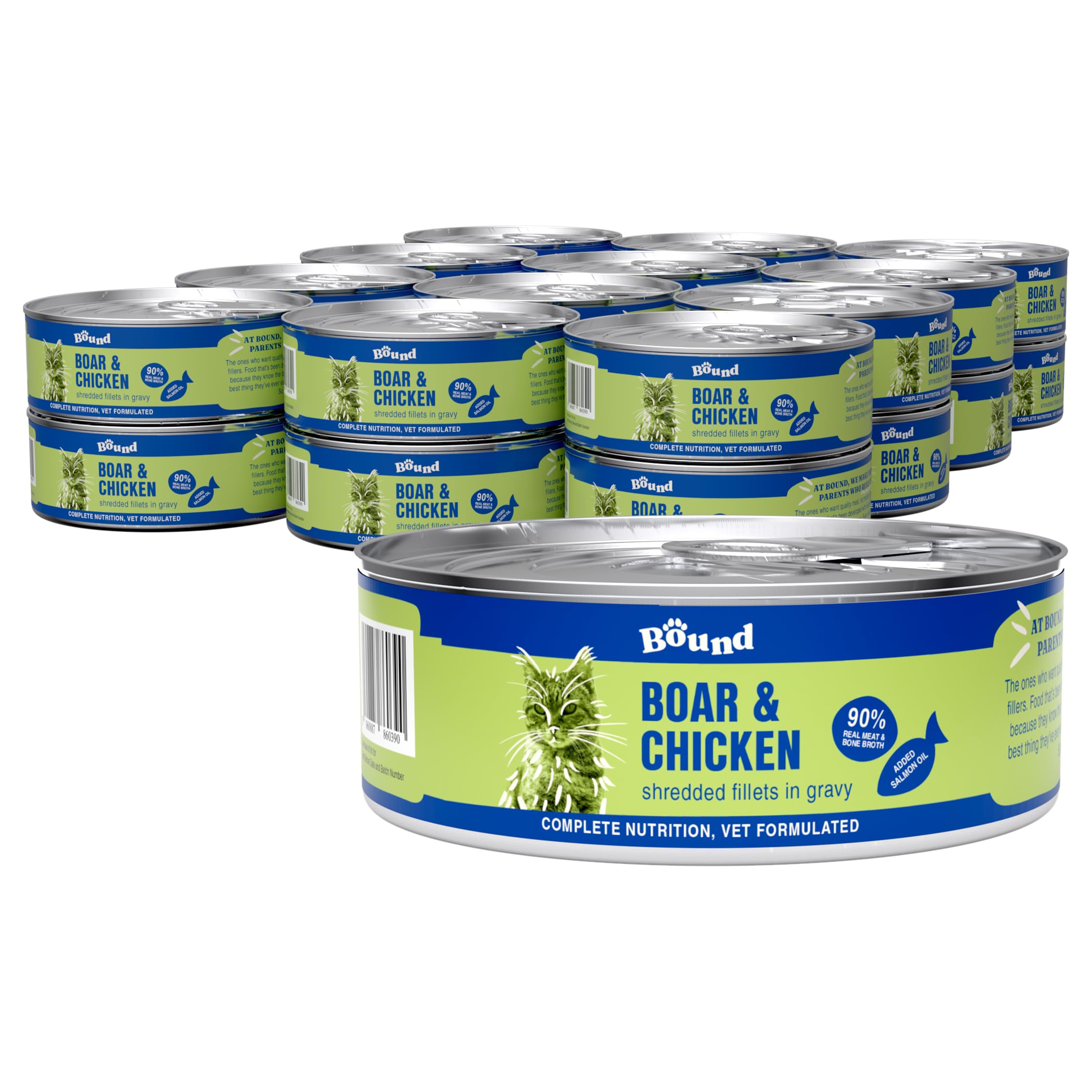 Bound Pets Wet Cat Food: Novel Protein, Grain-Free, Vet-Developed - Shredded Wild Boar and Chicken in Gravy for Cats (18 x 70g cans)