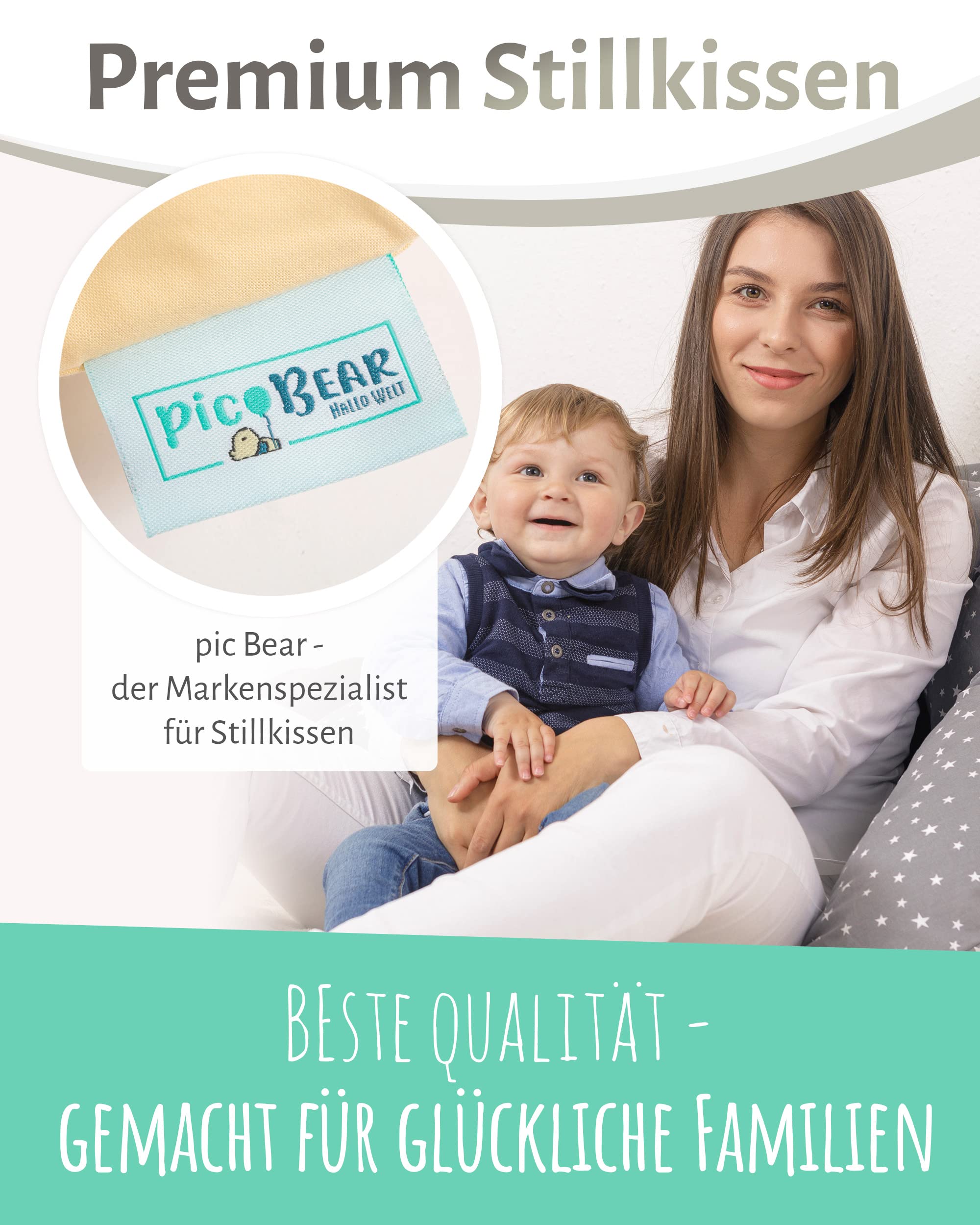 pic bear Poduszka do karmienia, miękkie wypełnienie z mikrokulek EPS, 190 cm, certyfikat TÜV, poduszka ciążowa, miła w dotyku, z bawełny, poduszka do przechowywania (czarno-żółta, 190 cm)