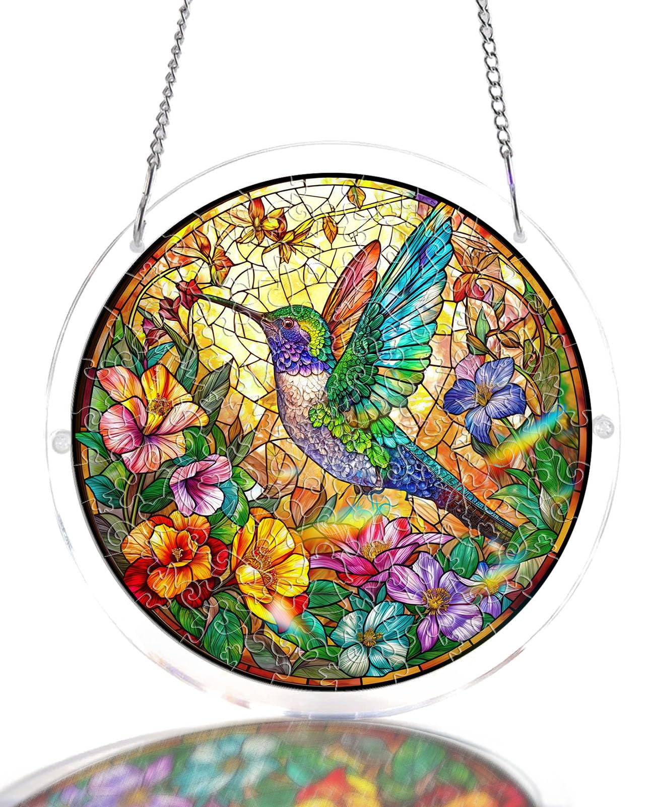 WOODBESTS Acrylic Suncatcher Puzzles, Suncatcher for Doors Garden Window Hanging, Flowers and Hummingbird Puzzle, Birthday for Lover (M - 8.2 * 8.2in) — image 1