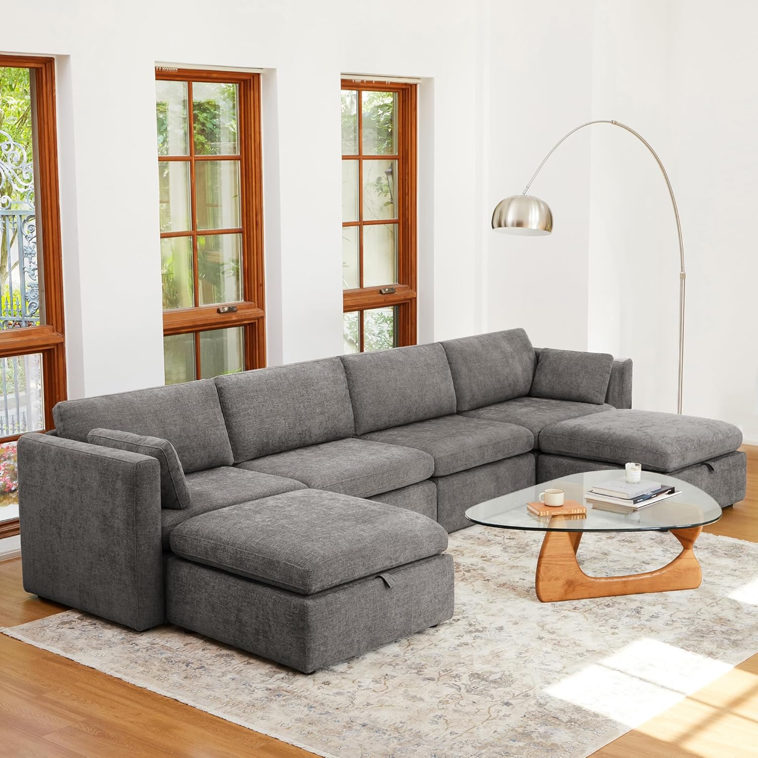CHITA Oversized Modular Sectional Fabric Sofa Set, Extra Large U Shaped Couch with Reversible Chaise, 146 inch Width, 6 Seat Modular Sofa with Storage Ottamans, Grey U Shape Sofa Grey