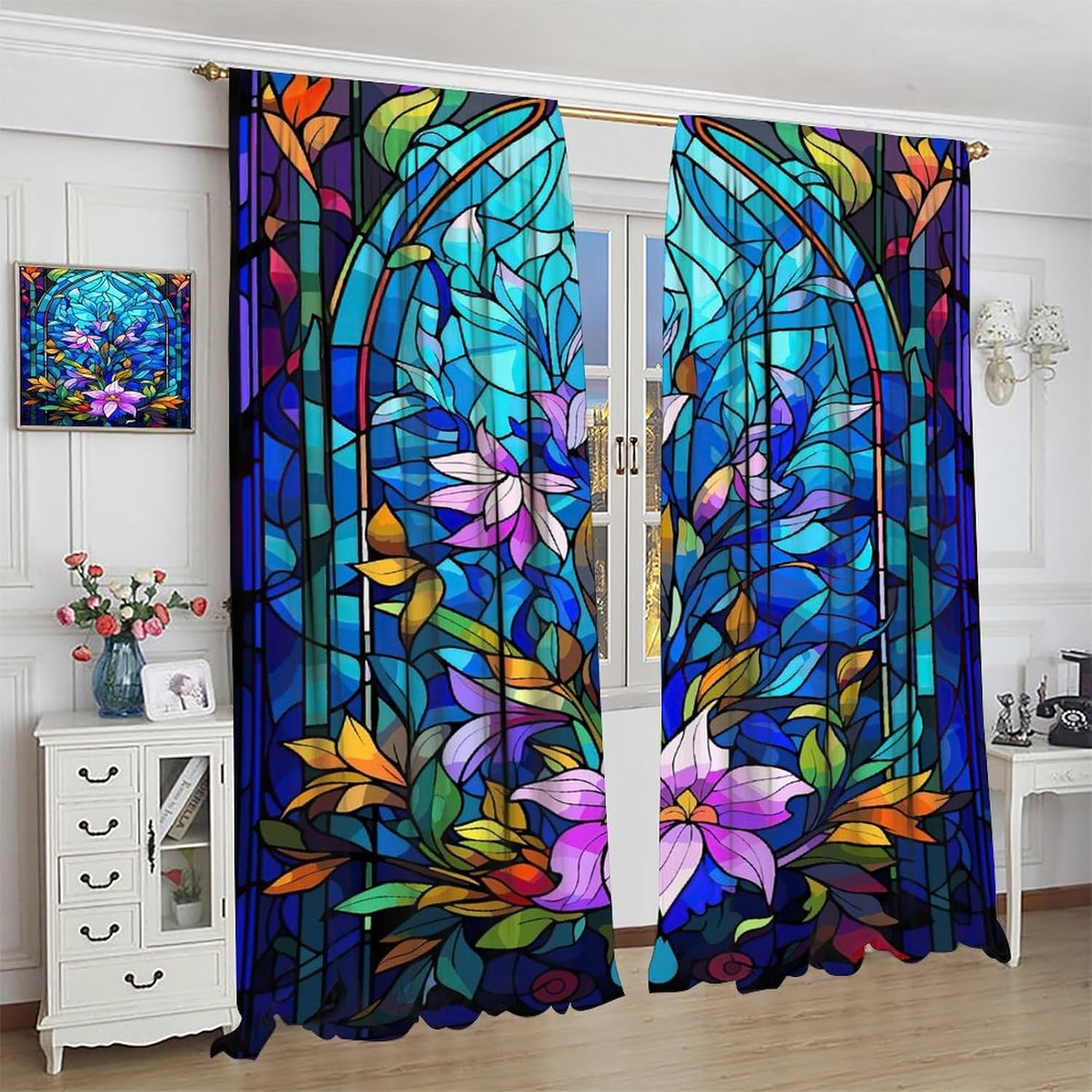 Stained Glass Abstract Flowers Blackout Window Curtains, Mid Century Vintage Bohemian Design Rod Pocket Window Drapes, for Living Room Bedroom 26(W)*84(L) 2 Panels