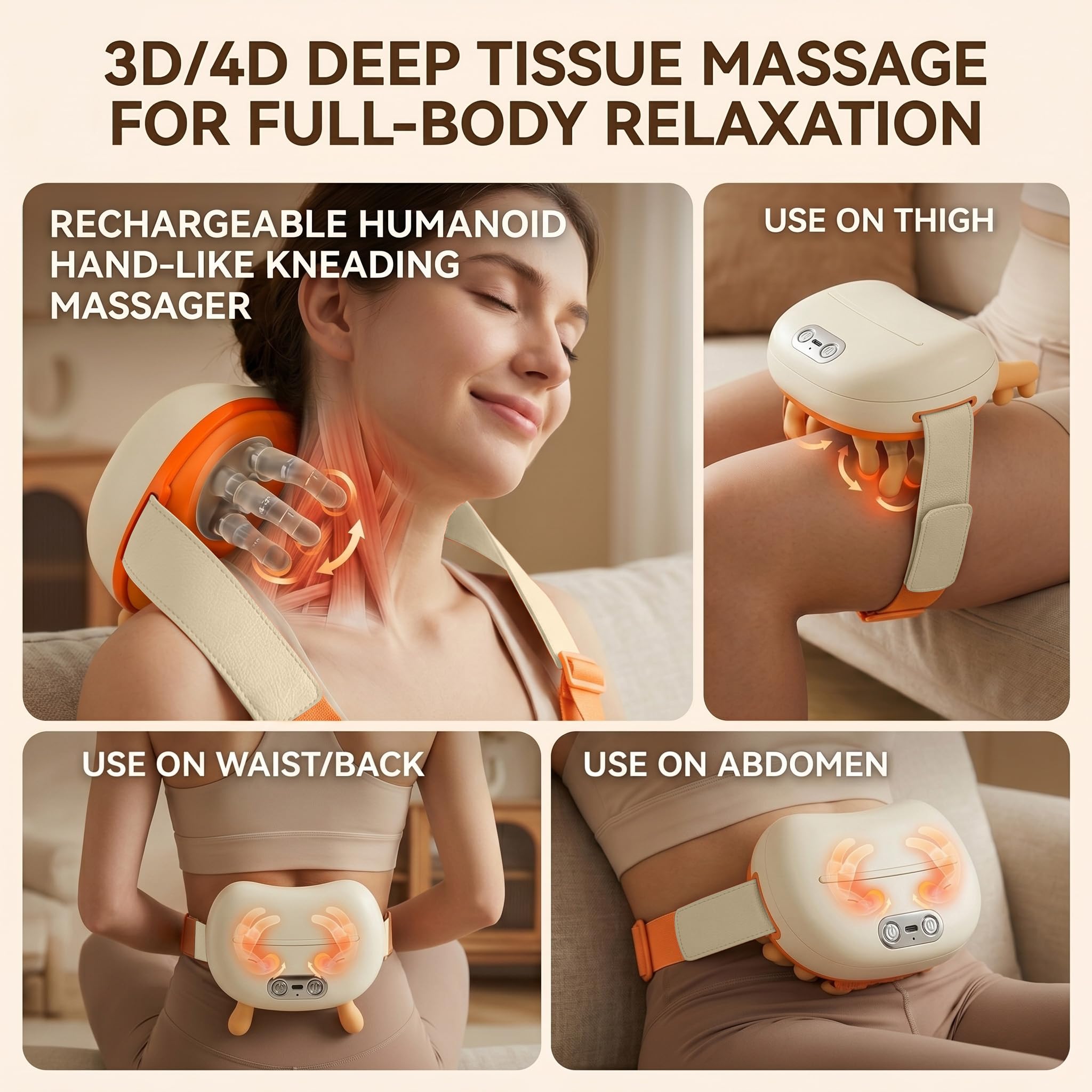 Masajeador de cuello 4D inalámbrico, Masajeador electrico, 3 ajustes de masaje y 2 niveles de calor, Batería recargable de 1800 mAh, Regalos para Hombres Mujeres