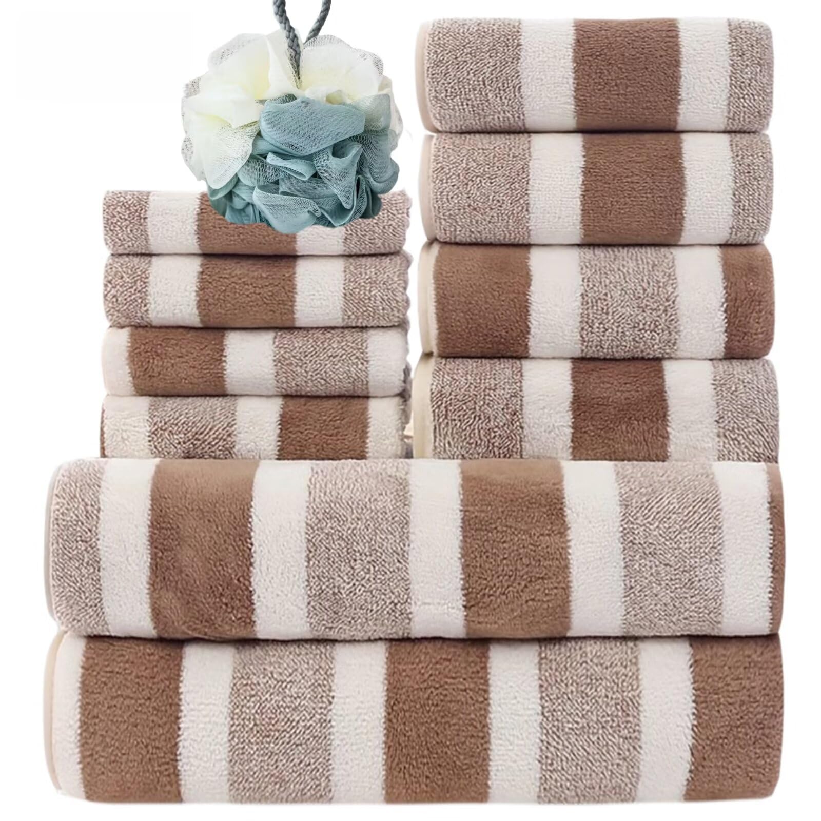 GNKBTOF Towels 11Piece Towel Set - 1 bath flower 2 Bath Towels, 4 Hand Towels and 4 Washcloths Cotton Hotel Quality Super Soft and Highly Absorbent Brown
