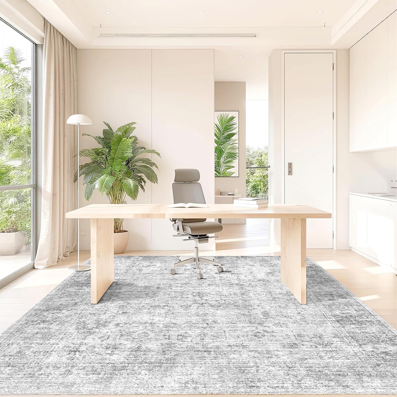 Washable 6x9 Grey Area Rug, Gray Vintage Living Room Rug, Non-Slip Boho Soft Low Pile Faux Wool Indoor Distressed Carpet for Living Room, Bedroom, Dining Room, Coffee Table, Office Home Decor