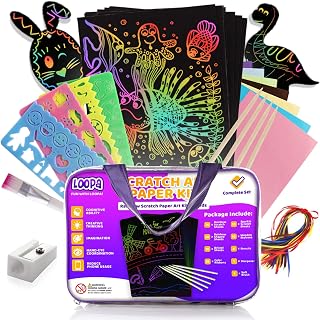 Loopa Scratch Paper Art Set for Kids, 100 Piece Magic Rainbow & Sparkling Colors Crafts Sheets, DIY Painting,Christmas, Birthday, Easter Gift for Girls & Boys, with Carry Bag and More!