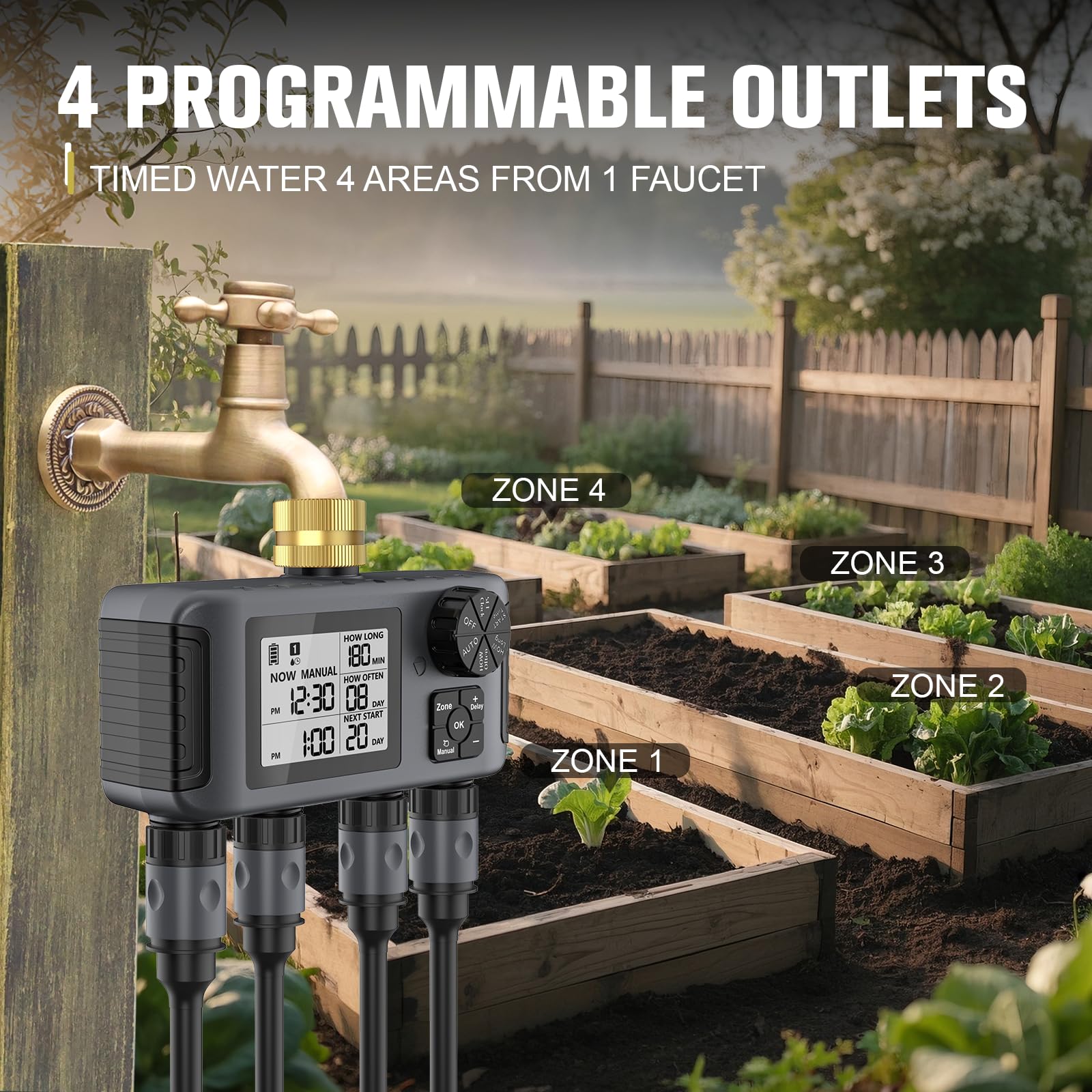 Haozee Irrigazione computer 4 uscite, timer da giardino con ritardo della pioggia/modalità automatica e manuale, IPX5 impermeabile/grande display LCD controllo di irrigazione