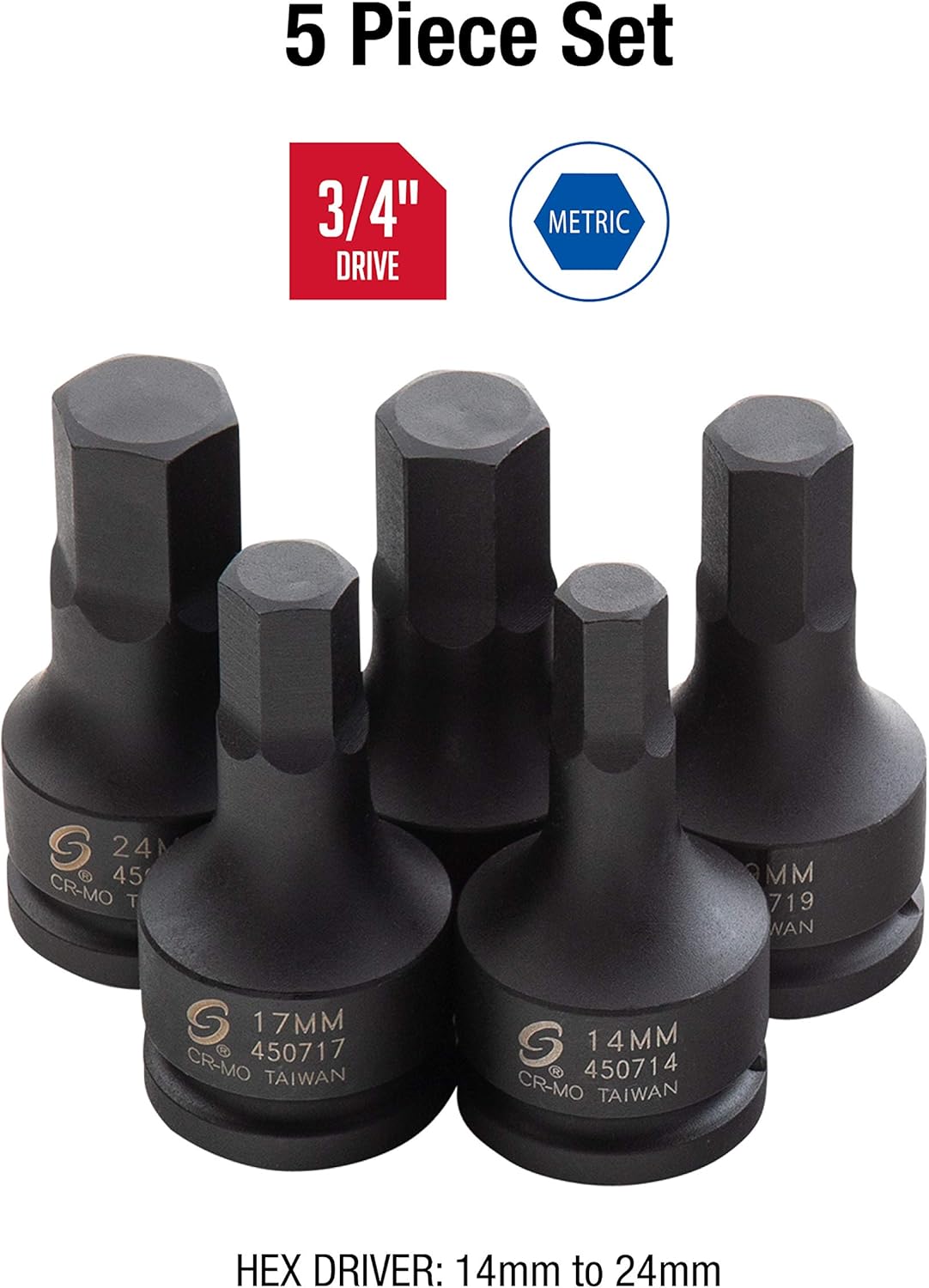 Best Promo Sunex 4507, 3/4 Inch Drive Impact Hex Driver Set, 5-Piece, Metric, 14mm-24mm, Cr-Mo Steel, Dual Size Markings, Heavy Duty Storage Case