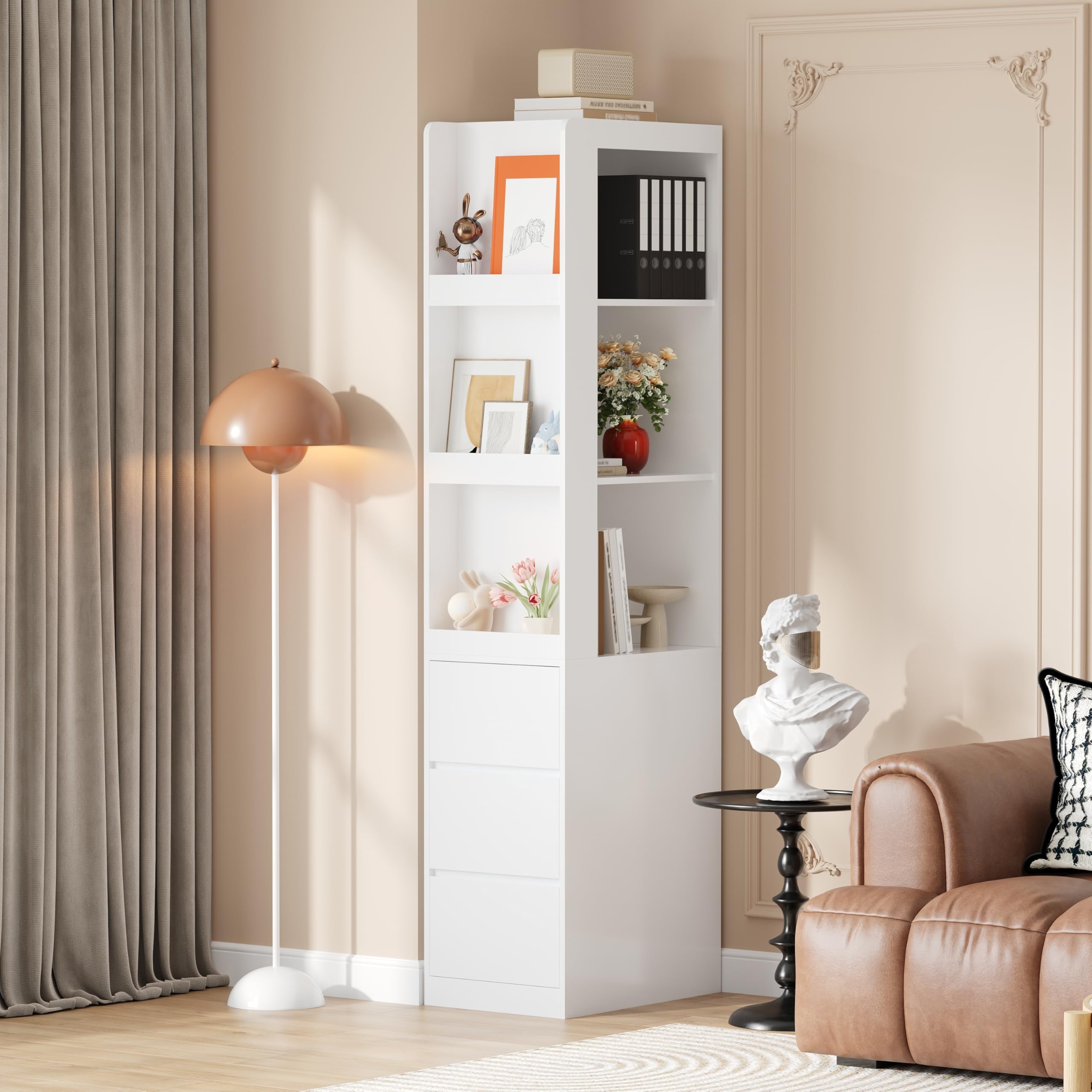 Estantería delgada de 200 cm de alto, con 3 compartimentos abiertos y 3 cajones, ajustable por ambos lados, cierre antiinclinación, 60 x 40 x 200 cm, color blanco