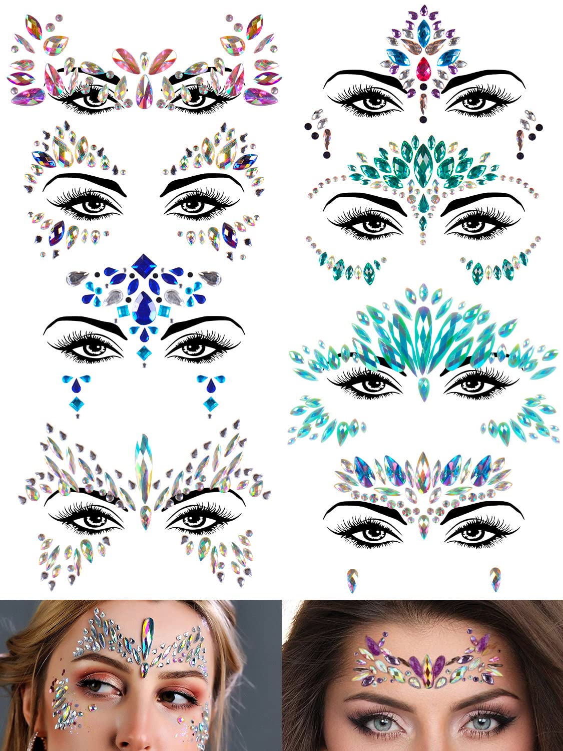 Warmfits 8 Sets Festival Face Jewels Mermaid Face Gems Stick On Crystal Rhinestone Rave Festival Face Gemstones Crystals Costumes Stickers - Rainbow Tears Gem Stones Face Temporary Tattoos Stickers for Festival Holiday Costumes