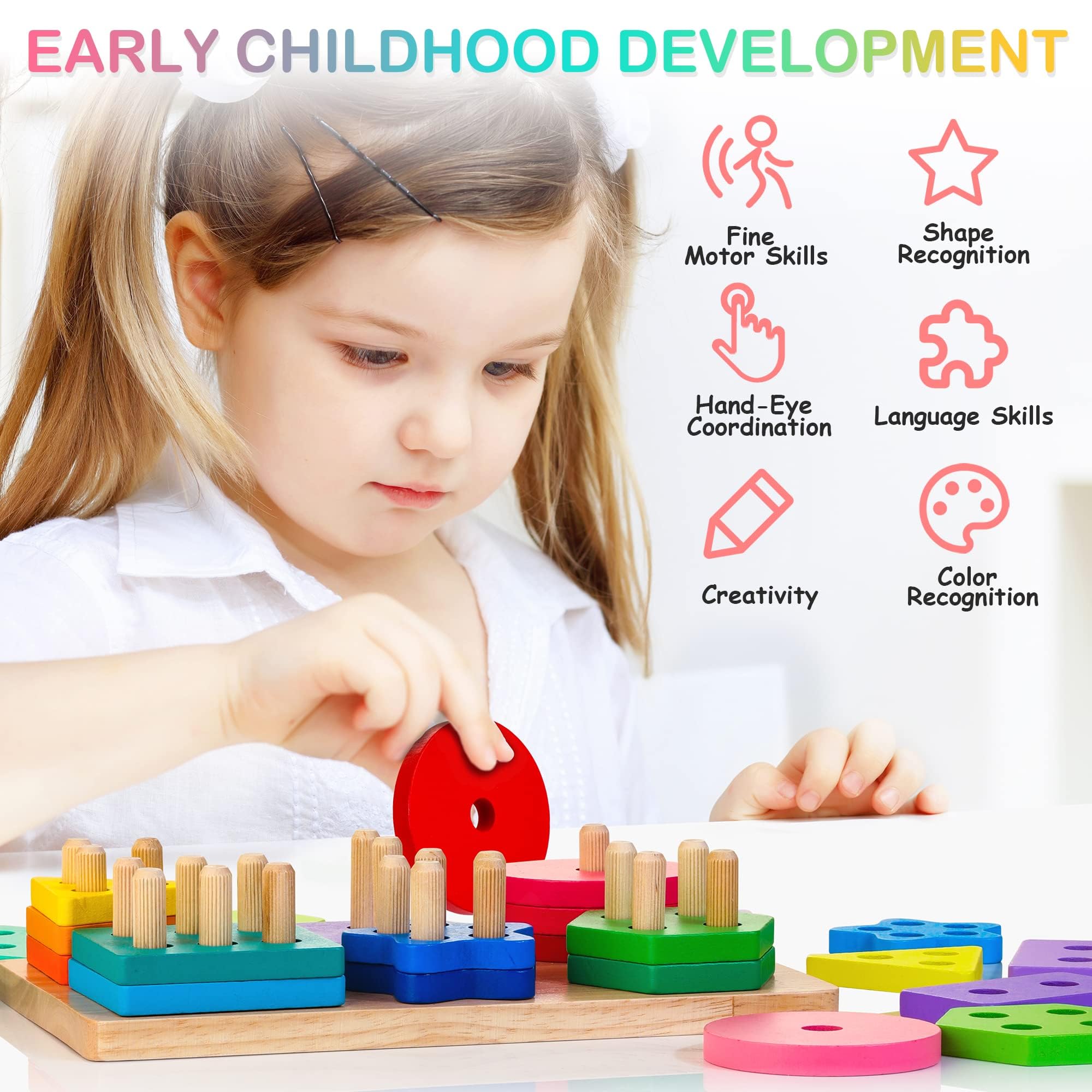 HELLOWOOD Wooden Sorting & Stacking Toy, Colour Recognition Shape Sorter Puzzle Montessori Educational Learning Toy for Girls Boys Children Age 1 2 3 3