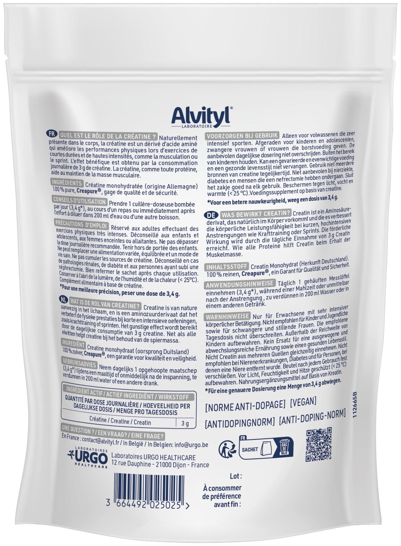 Alvityl Créatine Monohydratée Creapure 100% Pure Poudre 88 portions 300 g | Creapure® hautement assimilable, goût neutre, 3 g/jour, améliore les performances physiques, excerices hautes intensités