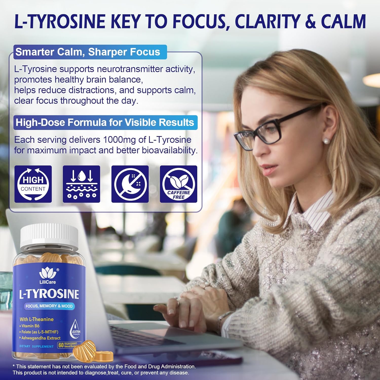 L Tyrosine Calm & Focus Supplement Gummies 1100mg for Adults, L-Tyrosine Brain Supplement Gummies w/ L-Theanine, Ashwagandha, Vitamin B6 & B9 Supplements for Memory, Mood, Relax, Energy -Vegan,120Cts - Image 3