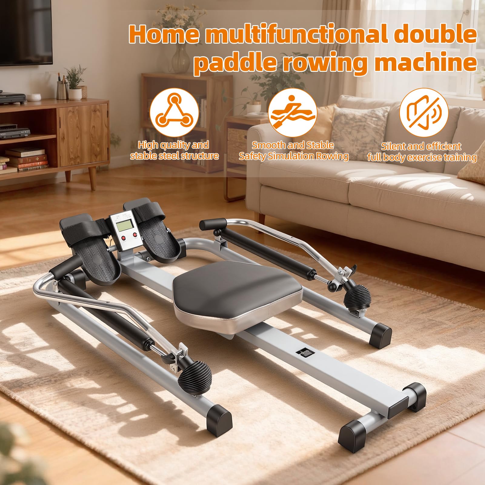 Rameur Pliable Appartement, Machine à Ramer à Vérin Hydraulique pour Musculation Maison, Appareil Musculation avec Moniteur LCD, Résistance Réglable 50kg, Siège Confortable, Charge 120kg