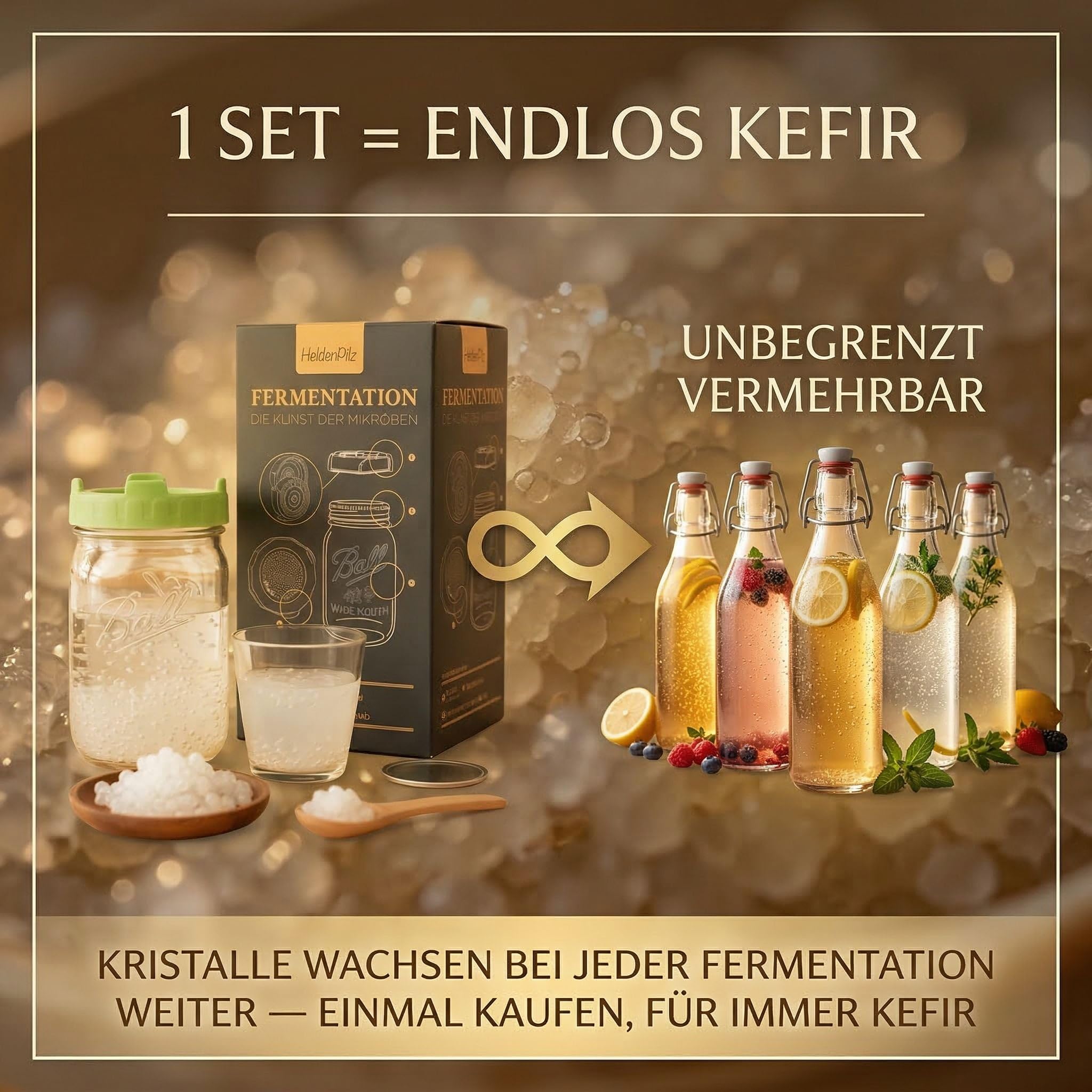 HeldenPilz® BIO Wasserkefir Starter Set mit Mason Ball Glas (600ml) – Wasserkefir selber machen | Japankristalle, Aufschraubsieb & Edelstahldeckel | Fermentations-Set mit Anleitung
