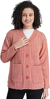 manra Women's Woolen V-Neck Buttoned Full Sleeve Cardigan Self Design Soft Wool Fabric Winter Wear Pure Wool Sweater Fully Warm with Front Pockets Stylish Outdoor/Office Wear Sweater (Pastel Peach)-picture-31
