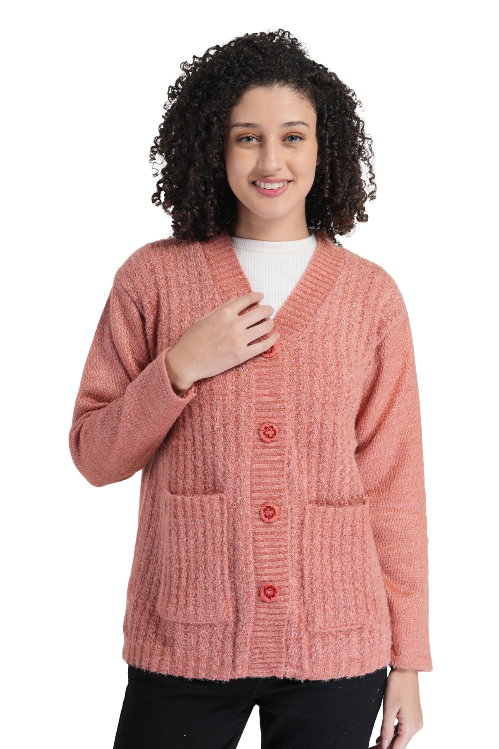 manra Women's Woolen V-Neck Buttoned Full Sleeve Cardigan Self Design Soft Wool Fabric Winter Wear Pure Wool Sweater Fully Warm with Front Pockets Stylish Outdoor/Office Wear Sweater (Pastel Peach)-picture-12