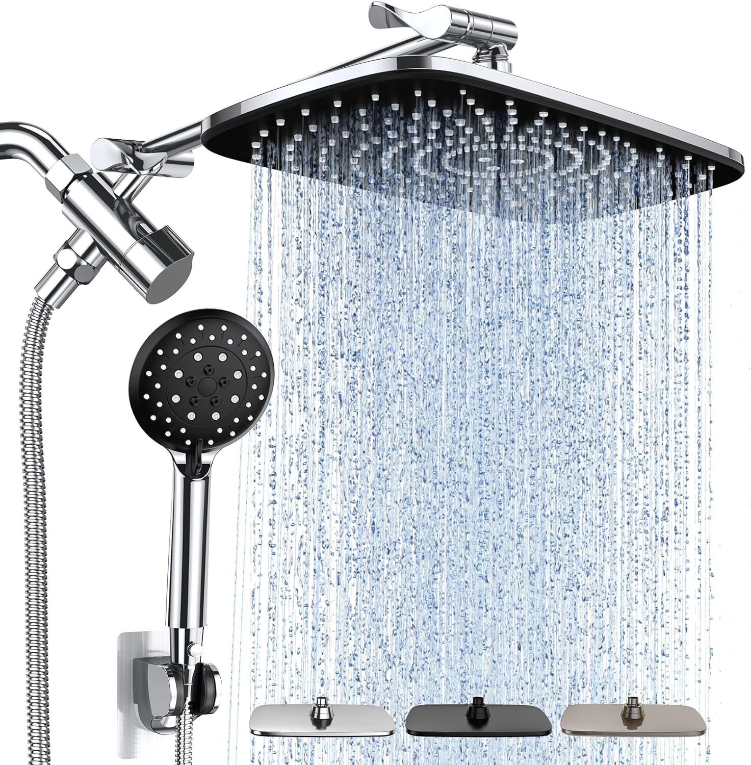 Veken 11.8 Inch High Pressure Rain Shower Head Combo with Extension Arm- Wide Showerhead with 5 Handheld Water Spray - Adjustable Dual Showerhead with Anti-Clog Nozzles - Silver Chrome