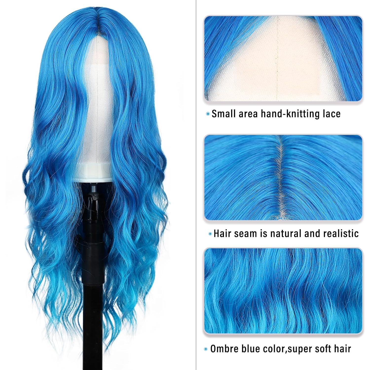 Long Blue Wavy Synthetic Wigs for Women Middle Part Natural Curly Heat Resistant Lightweight Party Cosplay (Blue)