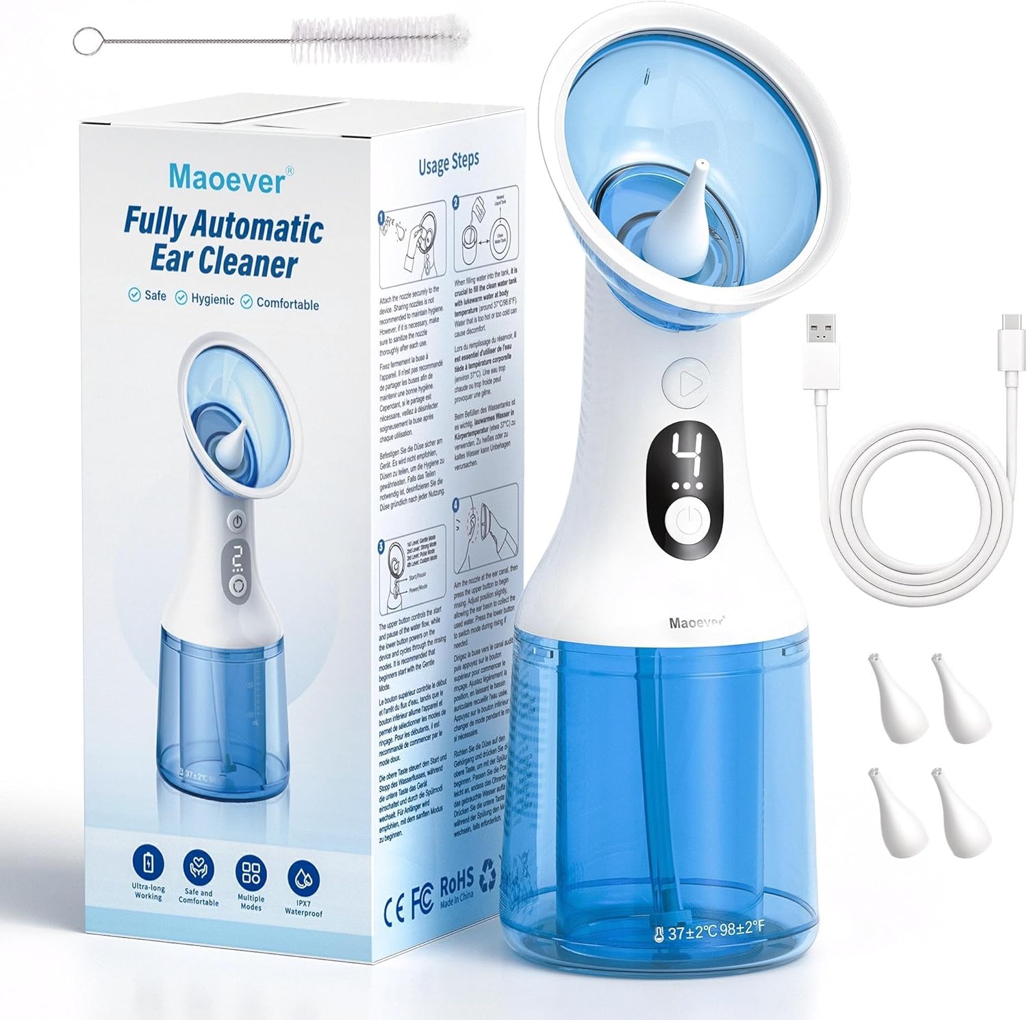 Electric Ear Wax Removal with One-Piece Waste Tank, Water Powered Ear Cleaner with 4 Pressure Modes for Earwax Remove at Home, 4 Tips, USB-C Cable, IPX7 (Blue)