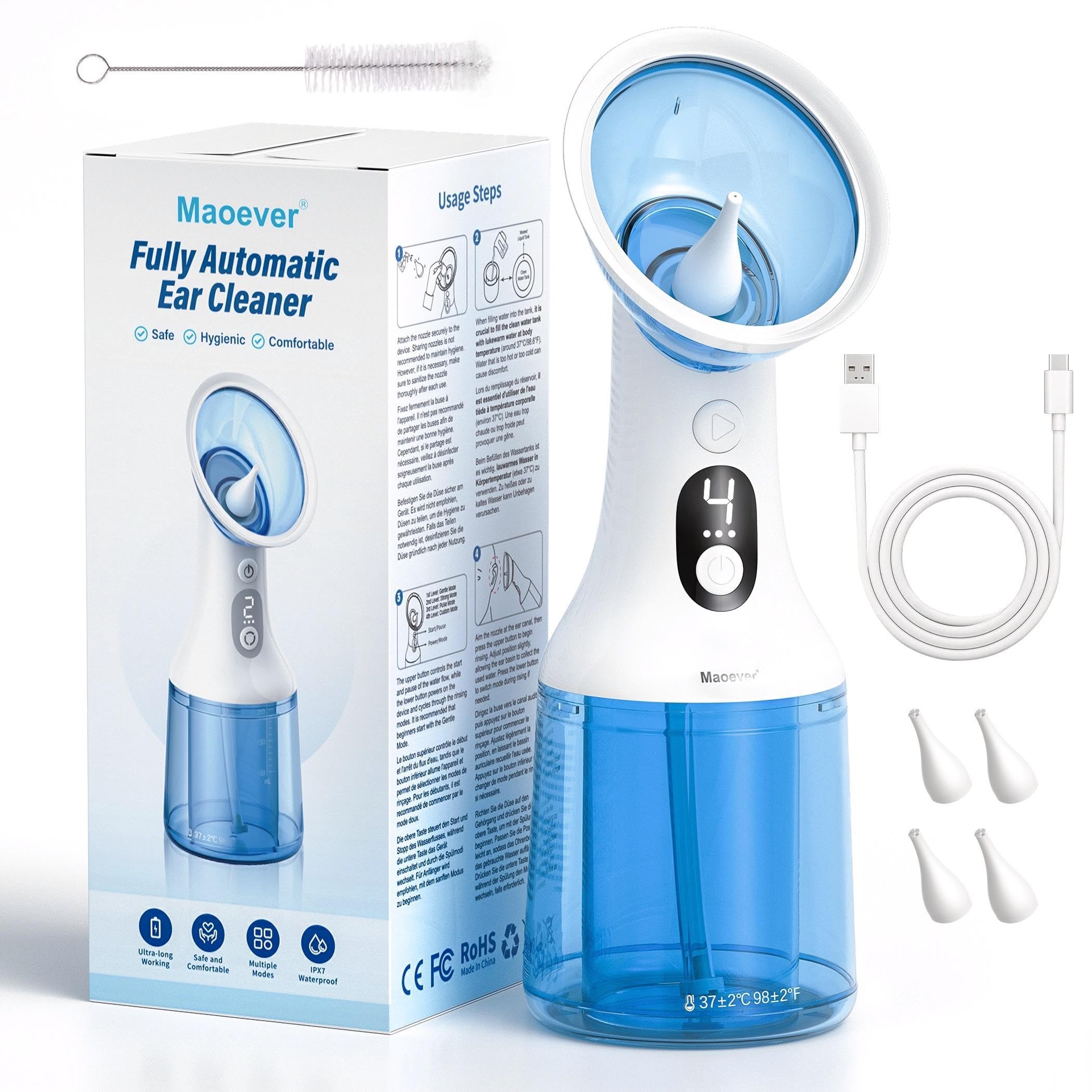 Eliminador de cerumen eléctrico con depósito de residuos de una pieza, limpiador de oídos a base de agua con 4 modos de presión para eliminar el cerumen en casa, 4 puntas, cable USB-C, IPX7 (azul)