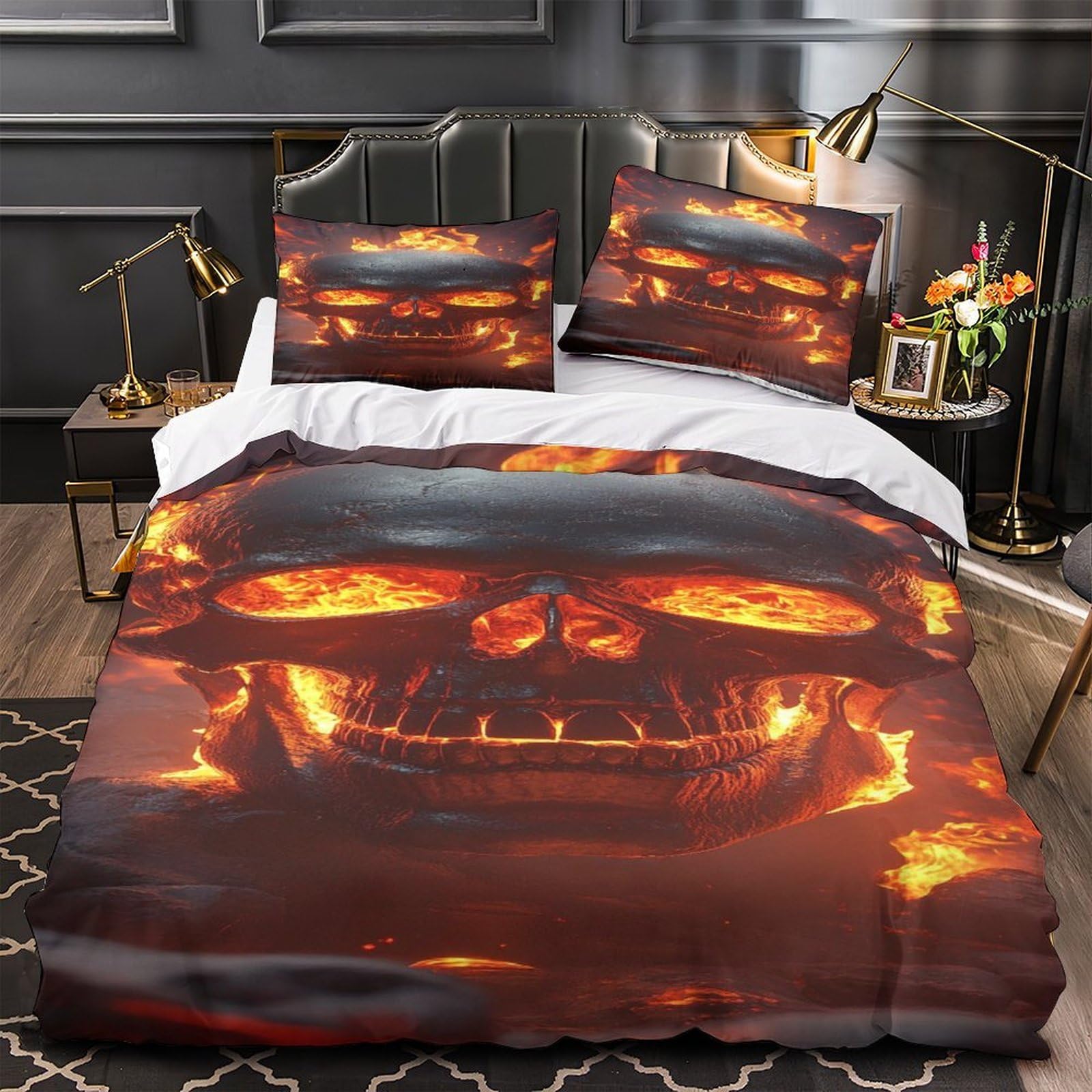 Parure de couette crâne enflammé microfibre inaltérable linge de lit robuste 3D 220x240