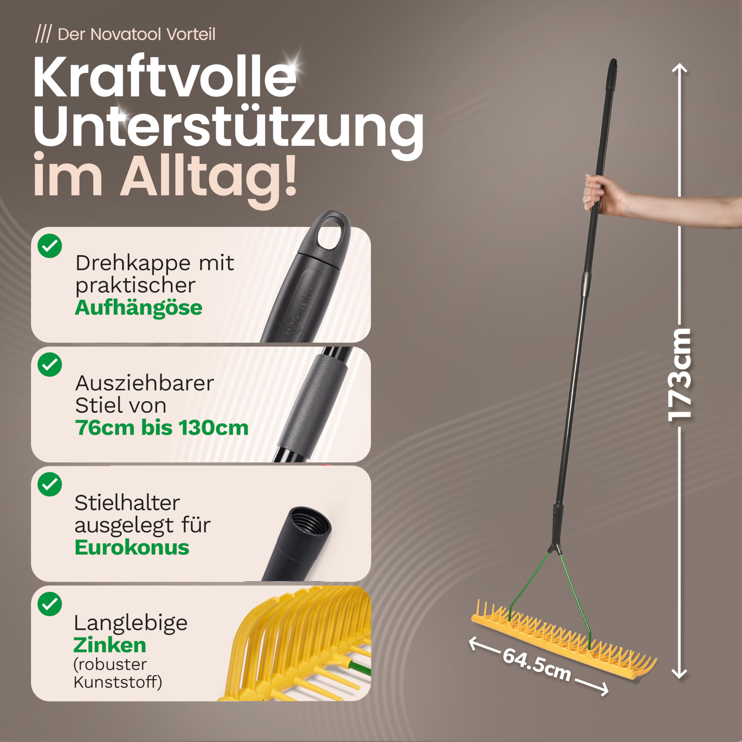 Novatool Rastrillo de jardín con recolector de césped, 32 dientes y mango telescópico de hasta 152 cm, ancho de trabajo 64,5 cm, rastrillo de plástico y metal, colector de hojas, rastrillo de césped